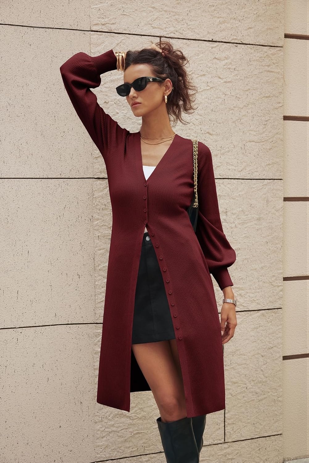 image:imageGRACE KARIN Long Cardigans for Women Duster Sweater Coat Fall Outfits 2026 Lightweight Knit Button Down Dusters for WomenDressy V NeckLantern Long SleeveRibbed Knit CoatiganMaxi Sweater DressWine Red