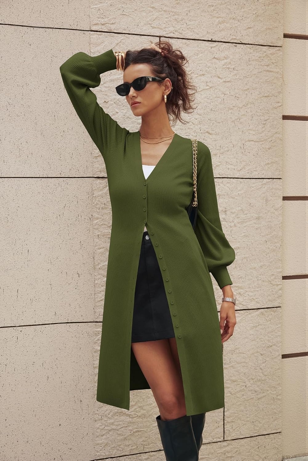 image:imageGRACE KARIN Long Cardigans for Women Duster Sweater Coat Fall Outfits 2026 Lightweight Knit Button Down Dusters for WomenDressy V NeckLantern Long SleeveRibbed Knit CoatiganMaxi Sweater DressArmy Green
