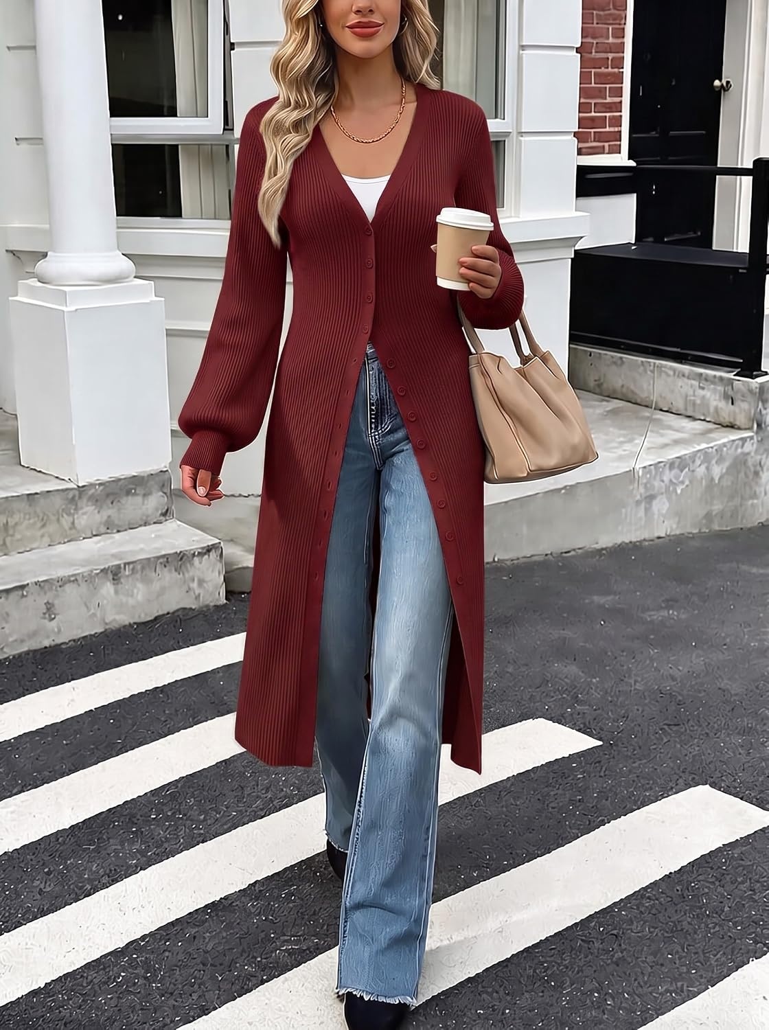 image:imageGRACE KARIN Long Cardigans for Women Duster Sweater Coat Fall Outfits 2026 Lightweight Knit Button Down Dusters for WomenDressy V NeckLantern Long SleeveRibbed Knit CoatiganMaxi Sweater DressWine Red