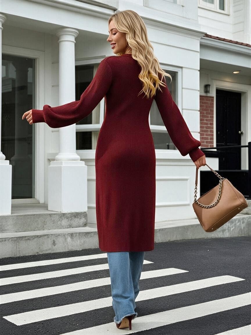 image:imageGRACE KARIN Long Cardigans for Women Duster Sweater Coat Fall Outfits 2026 Lightweight Knit Button Down Dusters for WomenDressy V NeckLantern Long SleeveRibbed Knit CoatiganMaxi Sweater DressWine Red