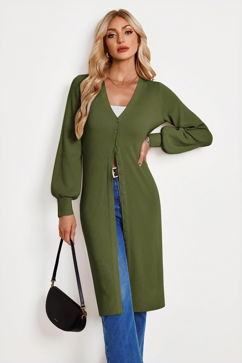 image:imageGRACE KARIN Long Cardigans for Women Duster Sweater Coat Fall Outfits 2026 Lightweight Knit Button Down Dusters for WomenDressy V NeckLantern Long SleeveRibbed Knit CoatiganMaxi Sweater DressArmy Green