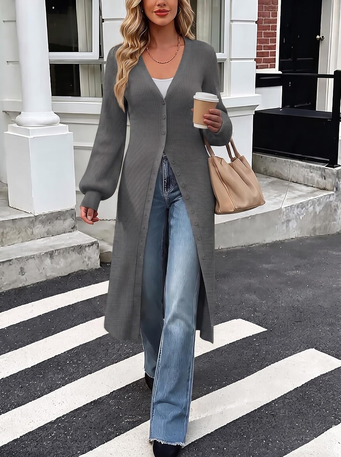 image:imageGRACE KARIN Long Cardigans for Women Duster Sweater Coat Fall Outfits 2026 Lightweight Knit Button Down Dusters for WomenDressy V NeckLantern Long SleeveRibbed Knit CoatiganMaxi Sweater DressDark Gray