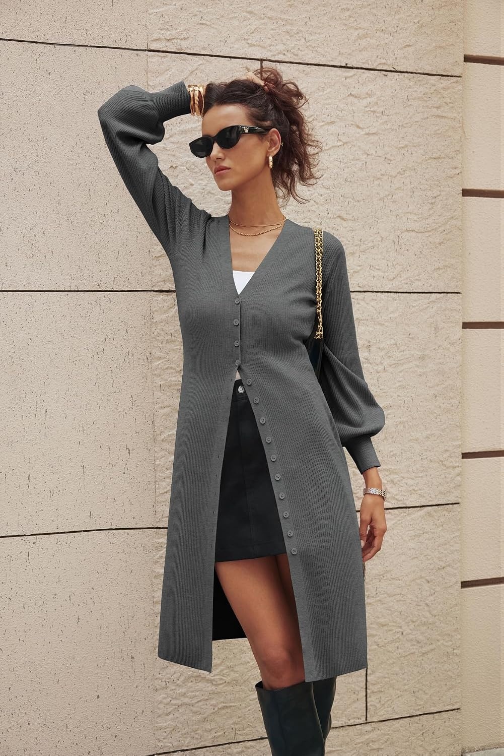 image:imageGRACE KARIN Long Cardigans for Women Duster Sweater Coat Fall Outfits 2026 Lightweight Knit Button Down Dusters for WomenDressy V NeckLantern Long SleeveRibbed Knit CoatiganMaxi Sweater DressDark Gray