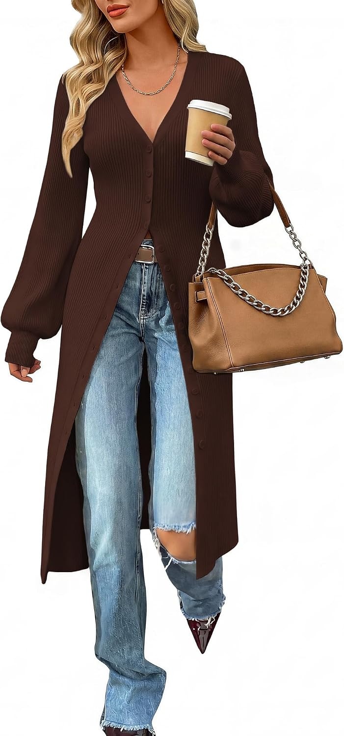 image:imageGRACE KARIN Long Cardigans for Women Duster Sweater Coat Fall Outfits 2026 Lightweight Knit Button Down Dusters for WomenDressy V NeckLantern Long SleeveRibbed Knit CoatiganMaxi Sweater DressChocolate Brown