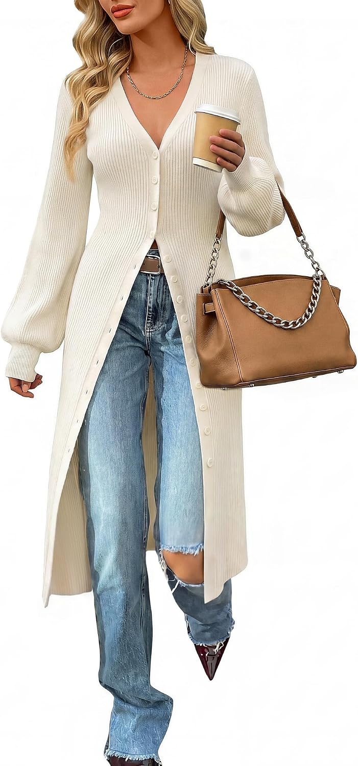 image:imageGRACE KARIN Long Cardigans for Women Duster Sweater Coat Fall Outfits 2026 Lightweight Knit Button Down Dusters for WomenDressy V NeckLantern Long SleeveRibbed Knit CoatiganMaxi Sweater DressIvory