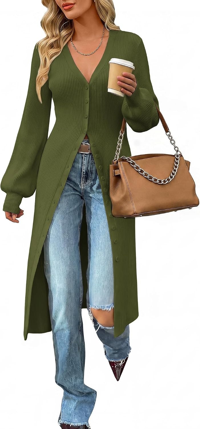 image:imageGRACE KARIN Long Cardigans for Women Duster Sweater Coat Fall Outfits 2026 Lightweight Knit Button Down Dusters for WomenDressy V NeckLantern Long SleeveRibbed Knit CoatiganMaxi Sweater DressArmy Green