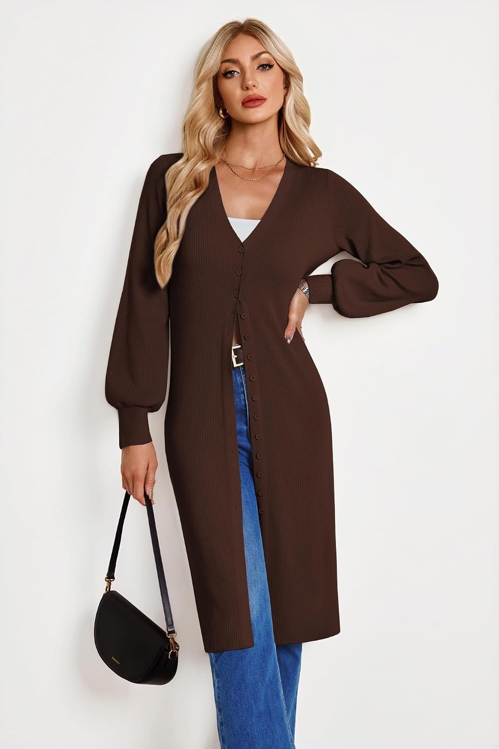 image:imageGRACE KARIN Long Cardigans for Women Duster Sweater Coat Fall Outfits 2026 Lightweight Knit Button Down Dusters for WomenDressy V NeckLantern Long SleeveRibbed Knit CoatiganMaxi Sweater DressChocolate Brown