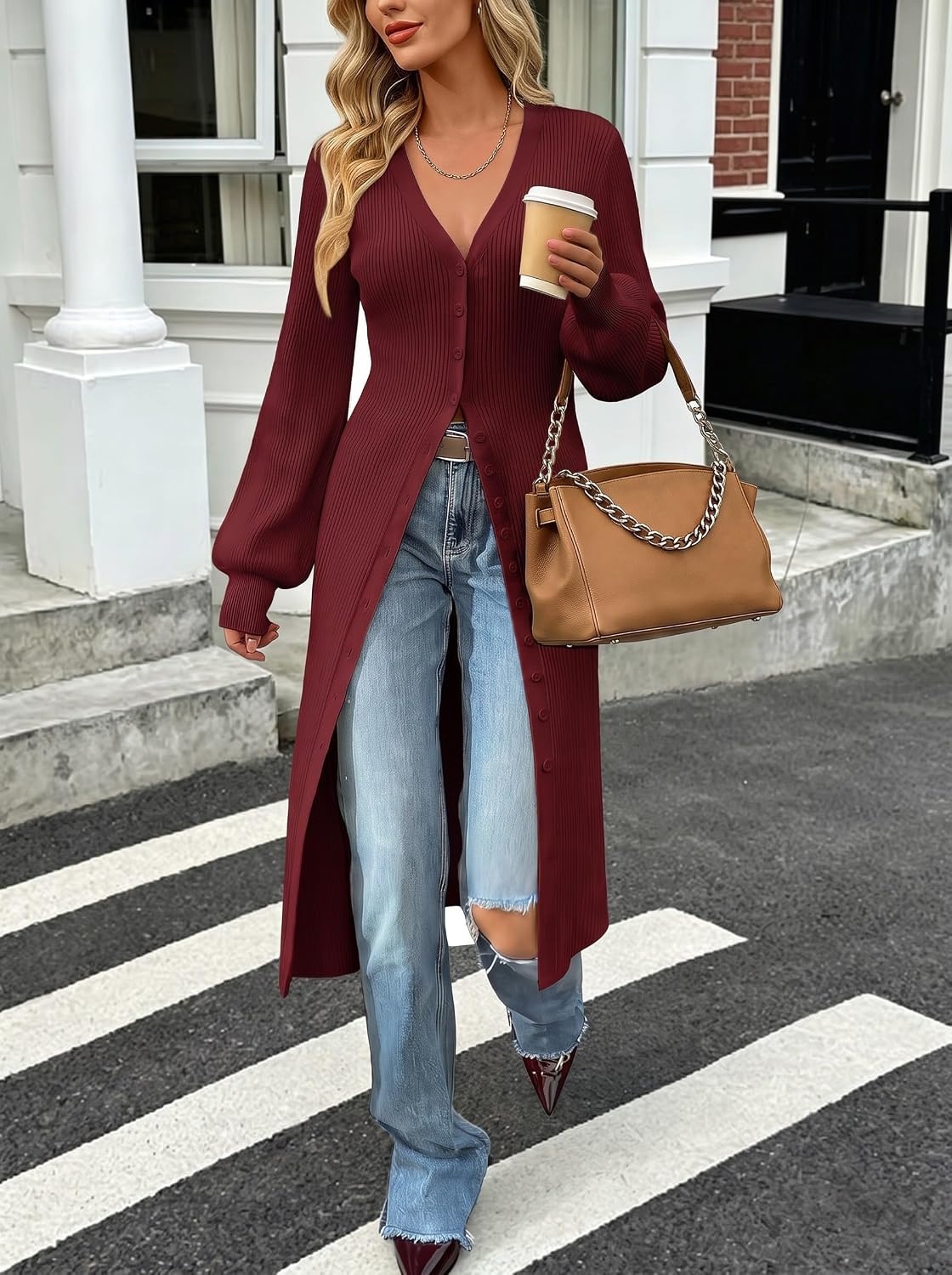 image:imageGRACE KARIN Long Cardigans for Women Duster Sweater Coat Fall Outfits 2026 Lightweight Knit Button Down Dusters for WomenDressy V NeckLantern Long SleeveRibbed Knit CoatiganMaxi Sweater DressWine Red