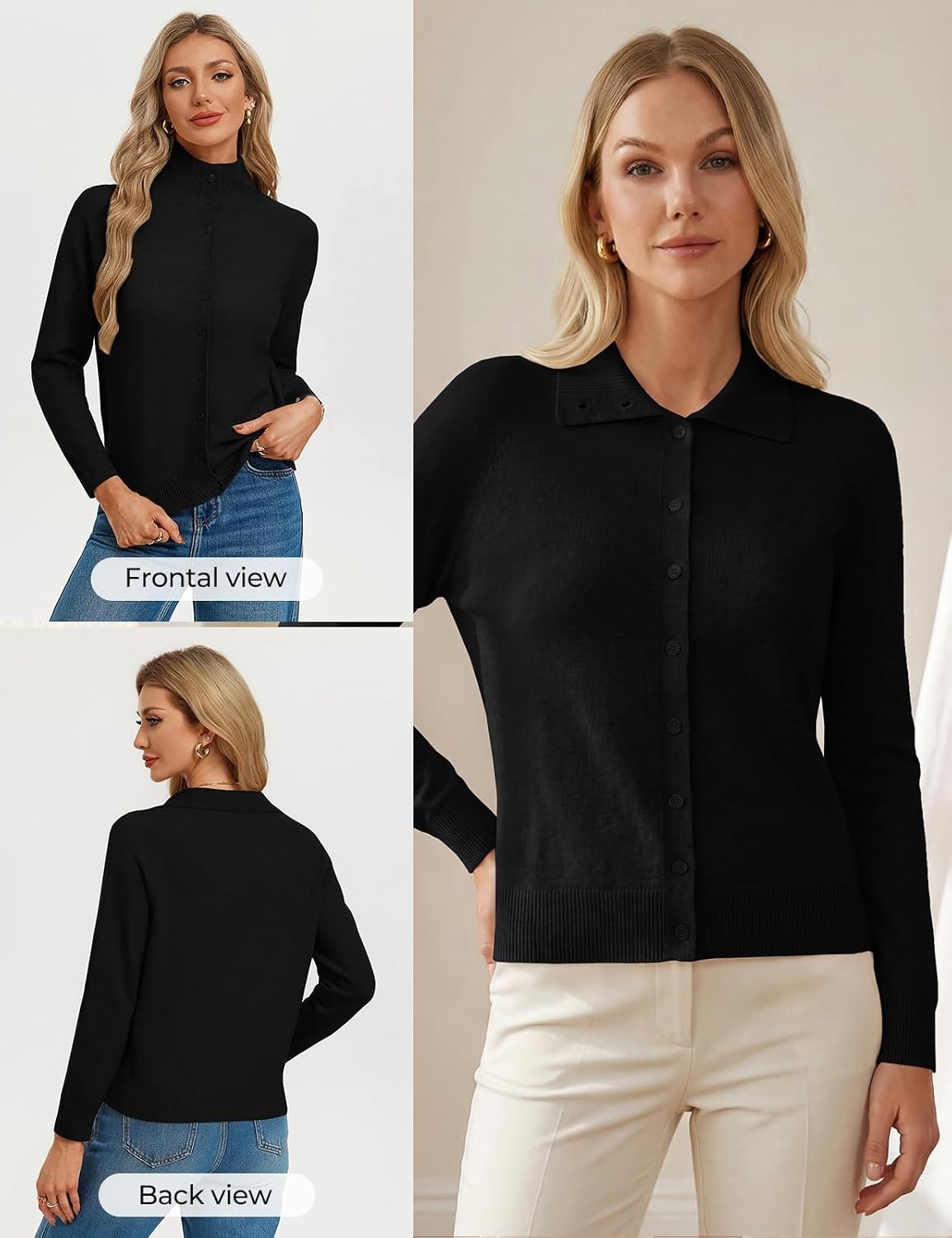 image:imageGRACE KARIN Women Lightweight Cardigan Sweaters Fall Teacher Outfits Collared Button Up Sweater Jackets High Neck Long Sleeve Cardigans 2026 Business Outfits Old Money Quiet Luxury SweaterBlack