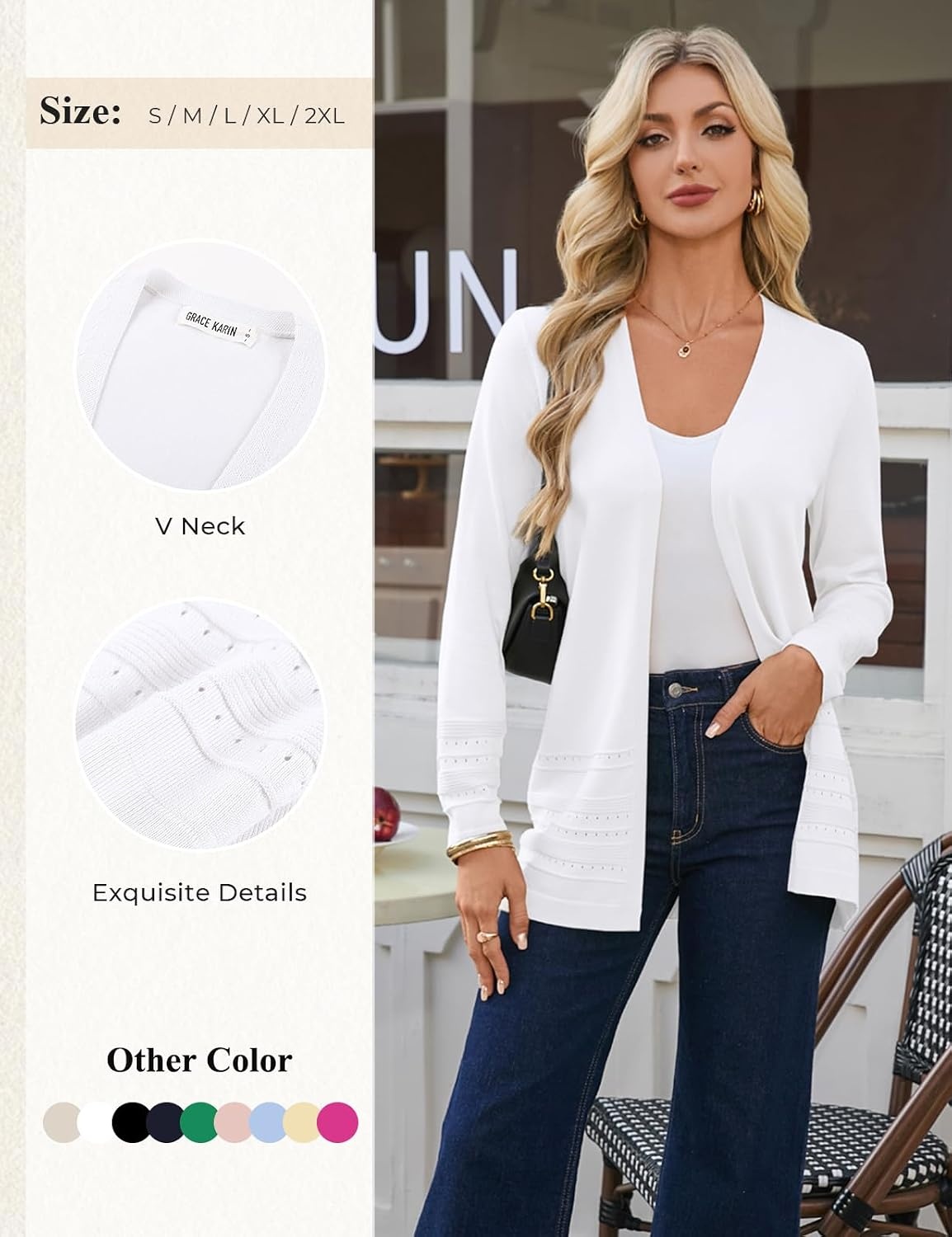 image:imageGRACE KARIN Women Long Cardigan Sweaters 2026 Fall Fashion Teacher Outfits Open Front Long Sleeve V Neck Cardigan Duster Cardigans for Women Crochet Sweater Business Casual Outfits1white