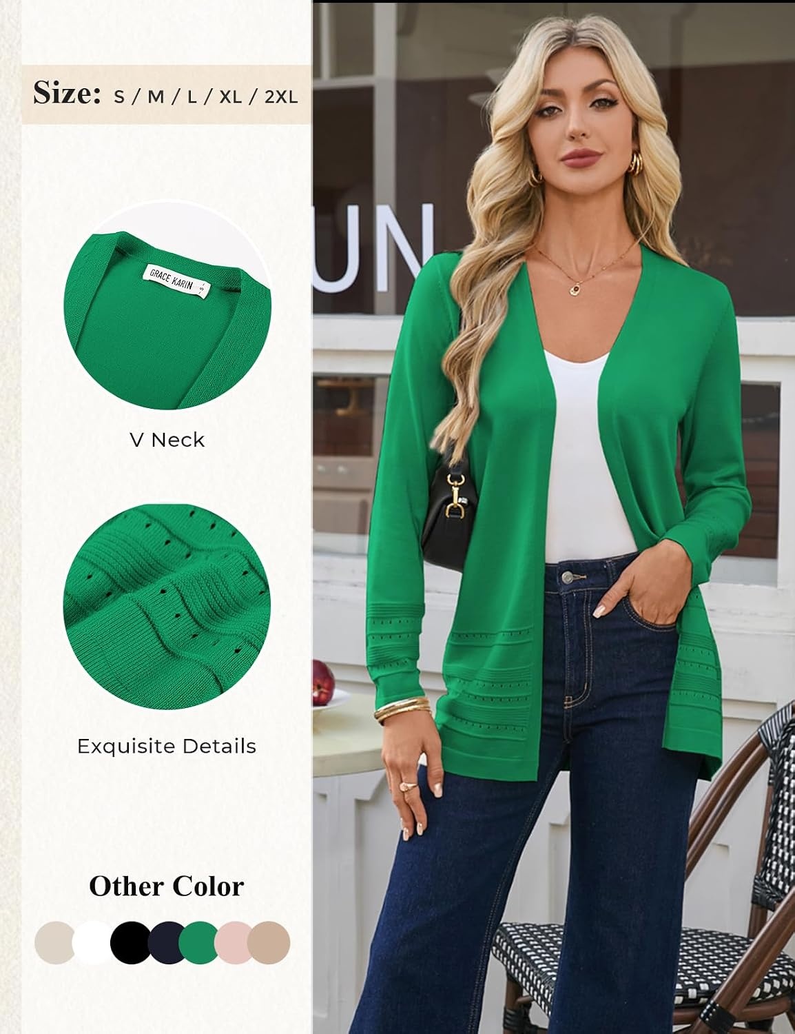 image:imageGRACE KARIN Women Long Cardigan Sweaters 2026 Fall Fashion Teacher Outfits Open Front Long Sleeve V Neck Cardigan Duster Cardigans for Women Crochet Sweater Business Casual OutfitsGreen
