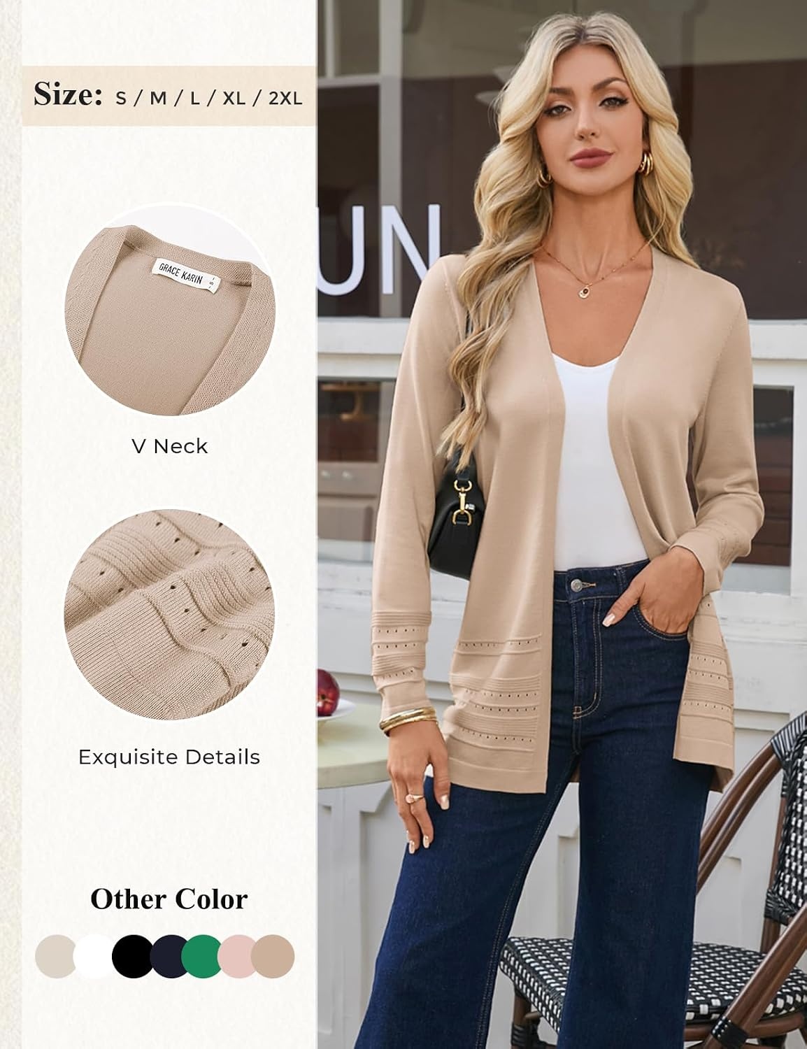 image:imageGRACE KARIN Women Long Cardigan Sweaters 2026 Fall Fashion Teacher Outfits Open Front Long Sleeve V Neck Cardigan Duster Cardigans for Women Crochet Sweater Business Casual OutfitsKhaki
