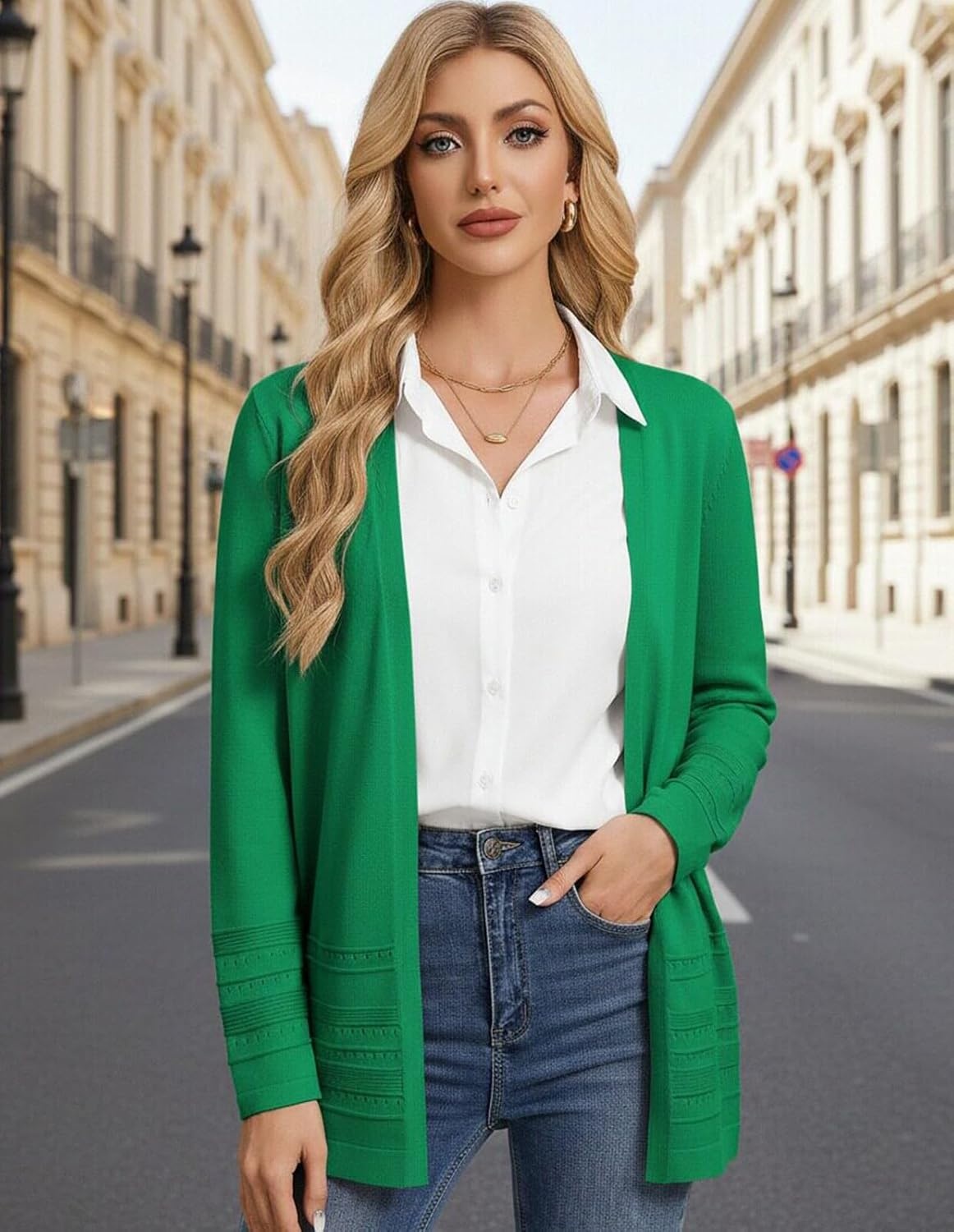 image:imageGRACE KARIN Women Long Cardigan Sweaters 2026 Fall Fashion Teacher Outfits Open Front Long Sleeve V Neck Cardigan Duster Cardigans for Women Crochet Sweater Business Casual OutfitsGreen