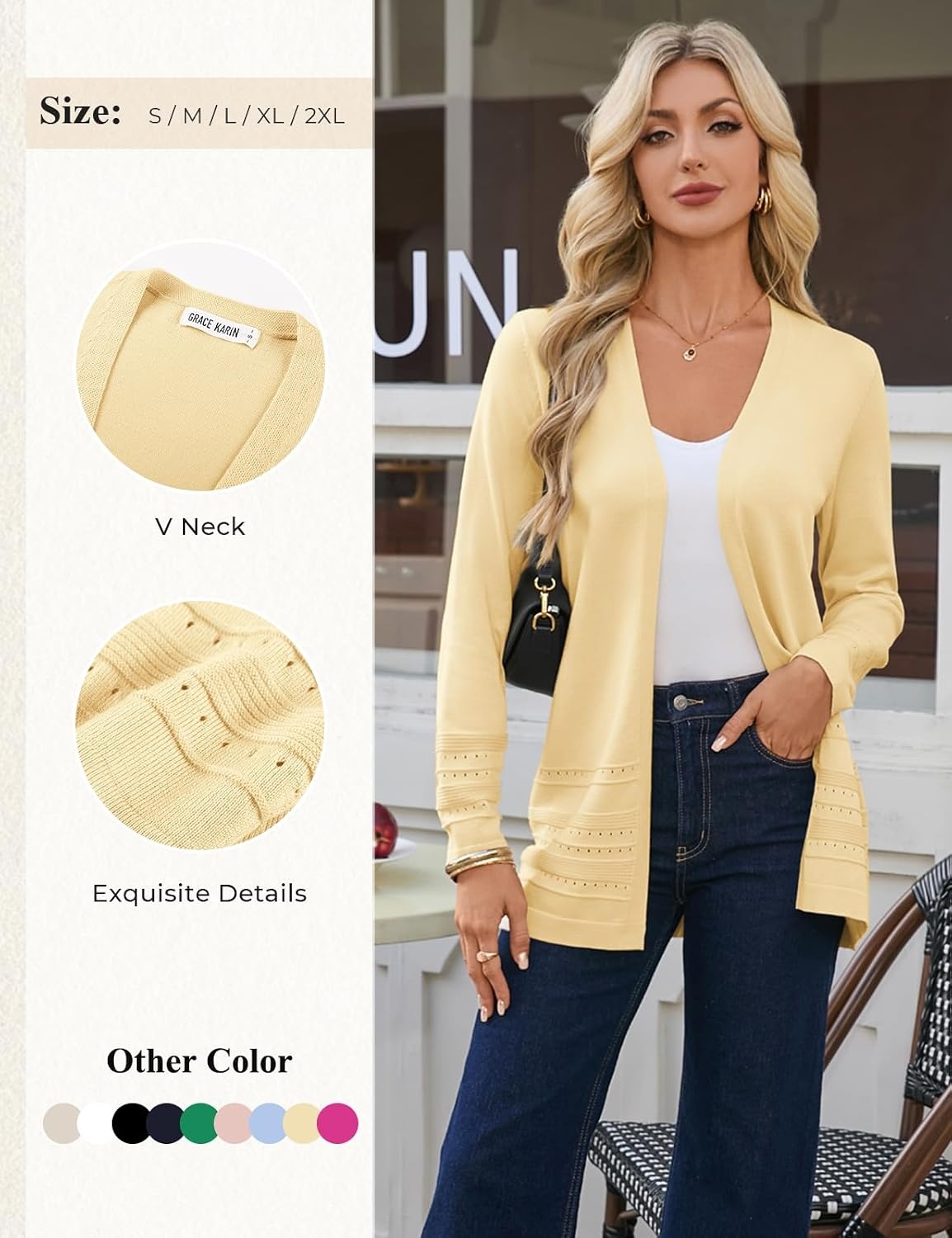 image:imageGRACE KARIN Women Long Cardigan Sweaters 2026 Fall Fashion Teacher Outfits Open Front Long Sleeve V Neck Cardigan Duster Cardigans for Women Crochet Sweater Business Casual OutfitsYellow