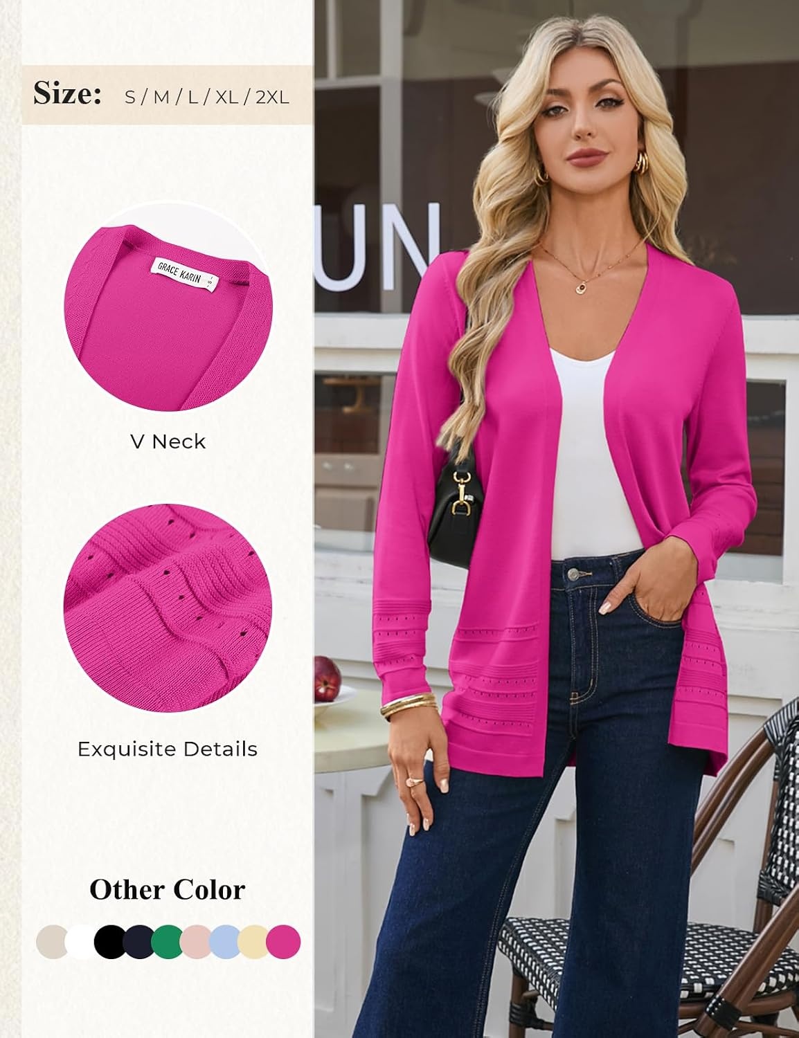 image:imageGRACE KARIN Women Long Cardigan Sweaters 2026 Fall Fashion Teacher Outfits Open Front Long Sleeve V Neck Cardigan Duster Cardigans for Women Crochet Sweater Business Casual OutfitsRose Red