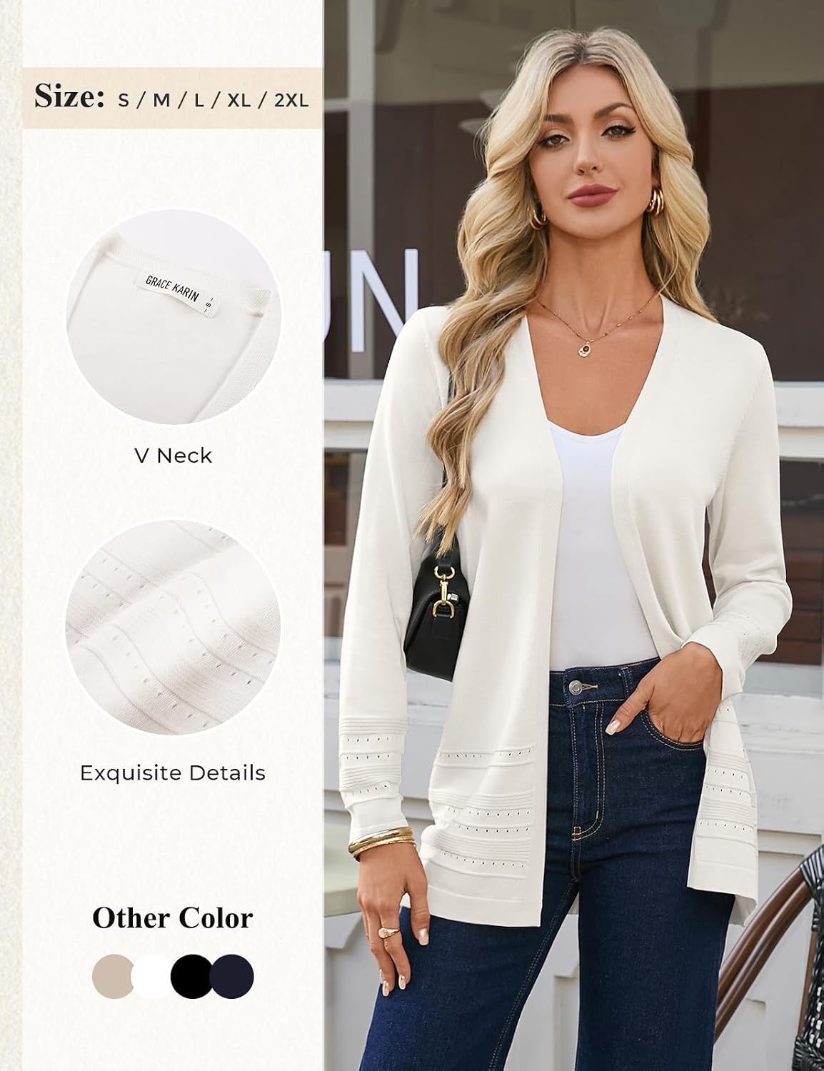 image:imageGRACE KARIN Women Long Cardigan Sweaters 2026 Fall Fashion Teacher Outfits Open Front Long Sleeve V Neck Cardigan Duster Cardigans for Women Crochet Sweater Business Casual OutfitsWhite