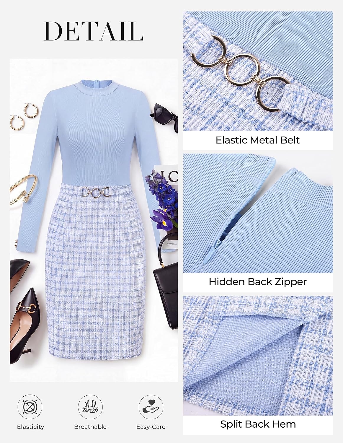 image:imageGRACE KARIN Women Long Sleeve Work Business Pencil Tweed Dress Mock Neck Knit TopSheath Bodycon Mini DressBusiness CausalProfessional OfficeChurchFuneralCocktailBlue
