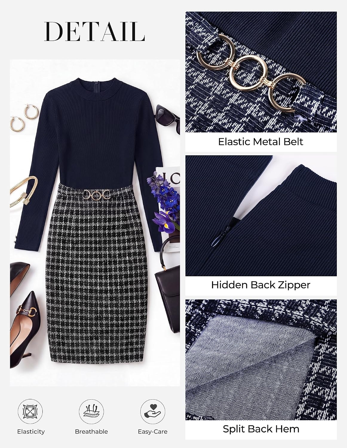 image:imageGRACE KARIN Women Long Sleeve Work Business Pencil Tweed Dress Mock Neck Knit TopSheath Bodycon Mini DressBusiness CausalProfessional OfficeChurchFuneralCocktailNavy