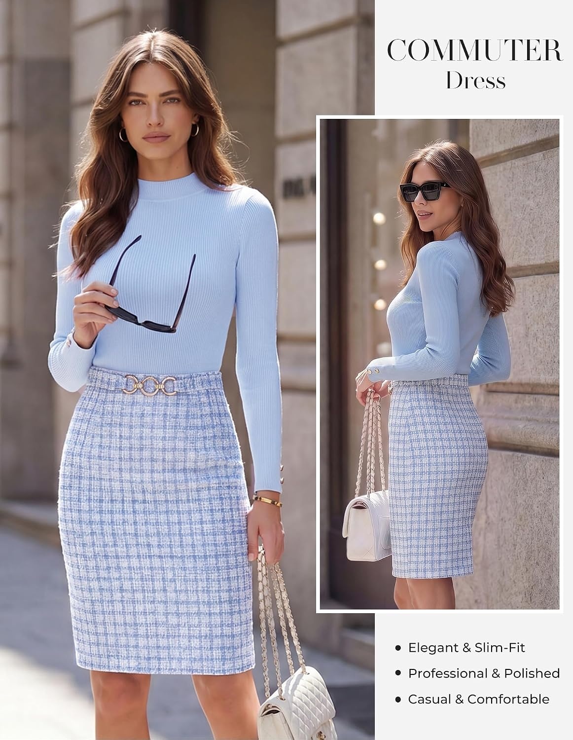 image:imageGRACE KARIN Women Long Sleeve Work Business Pencil Tweed Dress Mock Neck Knit TopSheath Bodycon Mini DressBusiness CausalProfessional OfficeChurchFuneralCocktailBlue