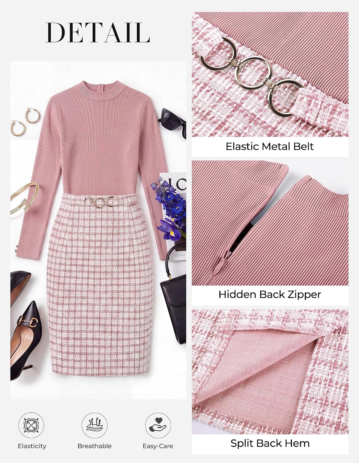 image:imageGRACE KARIN Women Long Sleeve Work Business Pencil Tweed Dress Mock Neck Knit TopSheath Bodycon Mini DressBusiness CausalProfessional OfficeChurchFuneralCocktailPink