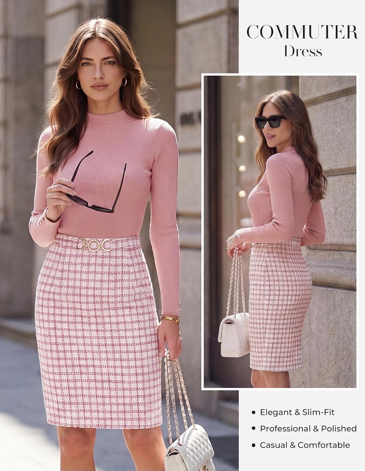 image:imageGRACE KARIN Women Long Sleeve Work Business Pencil Tweed Dress Mock Neck Knit TopSheath Bodycon Mini DressBusiness CausalProfessional OfficeChurchFuneralCocktailPink