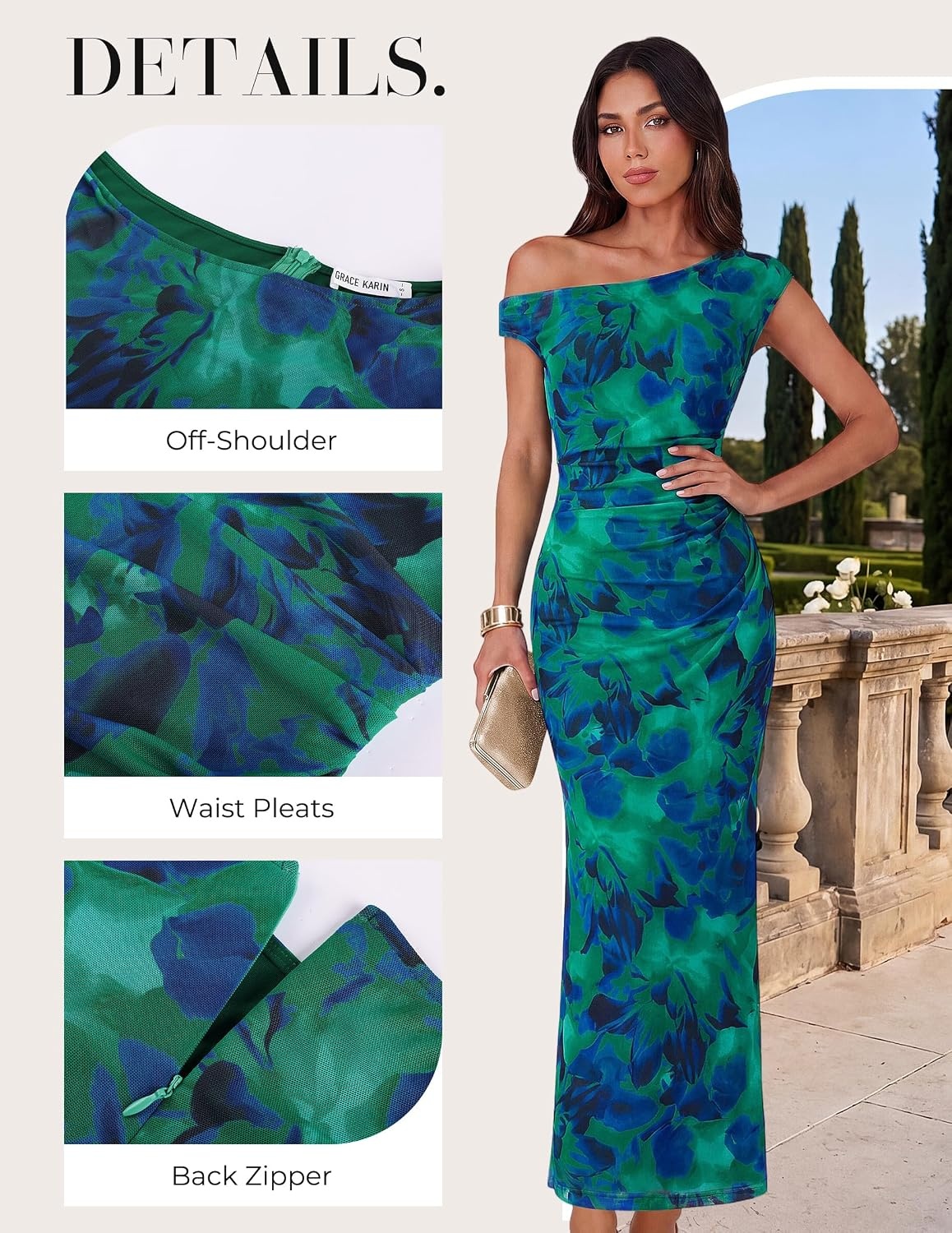 image:imageGRACE KARIN Women One Shoulder Bodycon Floral Wedding Guest Cocktail Dress Elegant Ruched MaxiStretchy MeshBack slitSuitable for FormalEvening PartyPromBridal ShowerSummerFallFloral Lake Blue