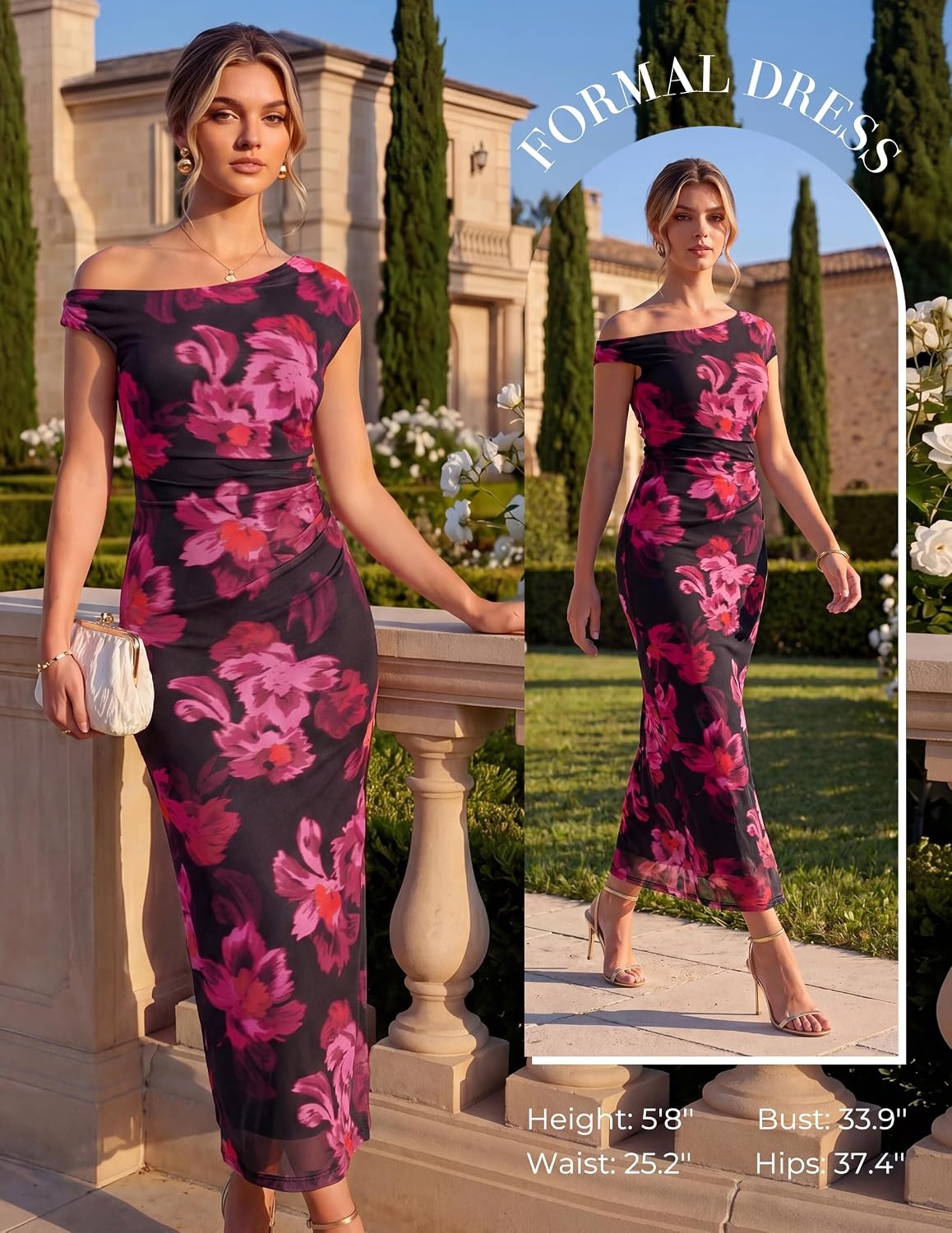 image:imageGRACE KARIN Women One Shoulder Bodycon Floral Wedding Guest Cocktail Dress Elegant Ruched MaxiStretchy MeshBack slitSuitable for FormalEvening PartyPromBridal ShowerSummerFallFloral Black Rose Red