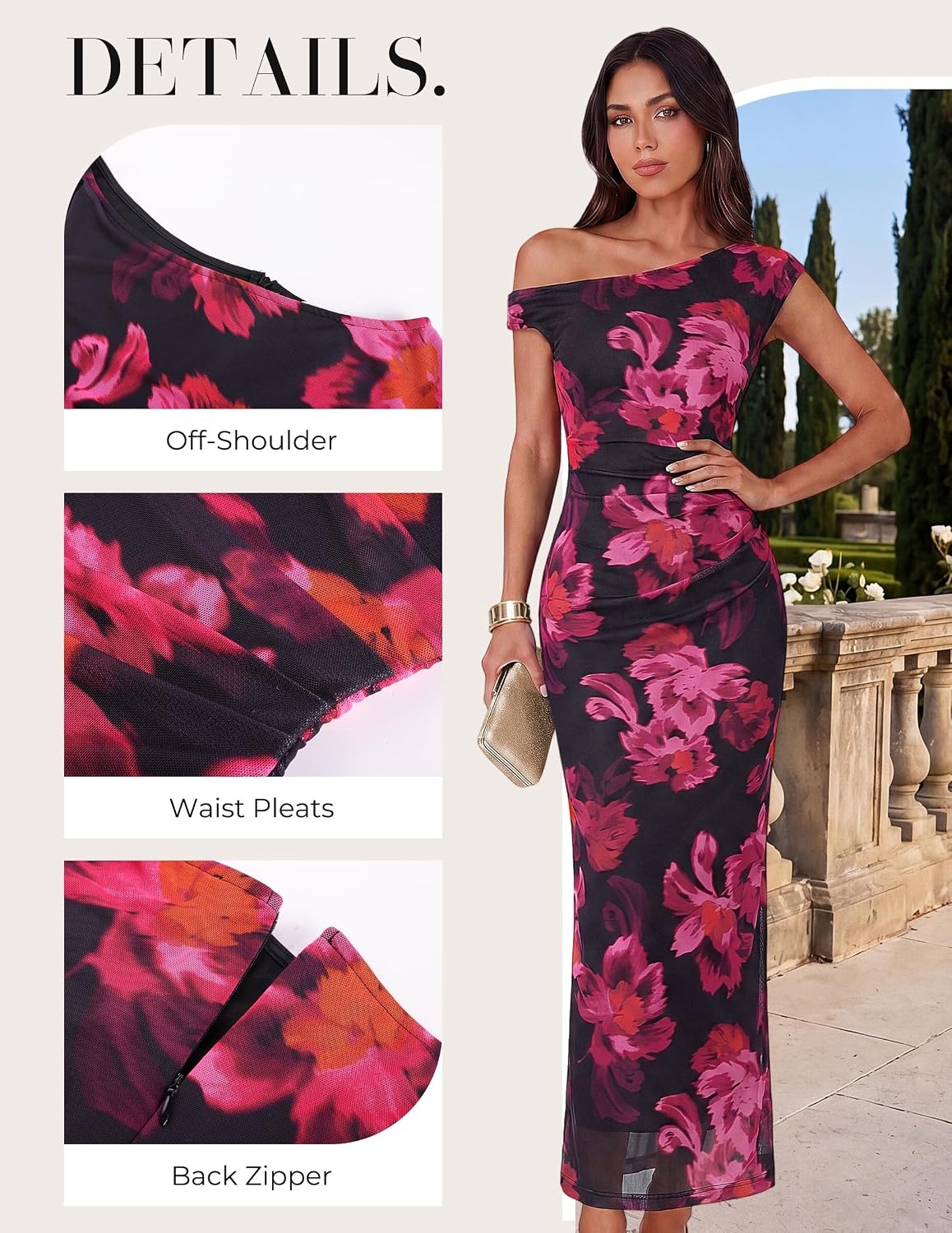 image:imageGRACE KARIN Women One Shoulder Bodycon Floral Wedding Guest Cocktail Dress Elegant Ruched MaxiStretchy MeshBack slitSuitable for FormalEvening PartyPromBridal ShowerSummerFallFloral Black Rose Red