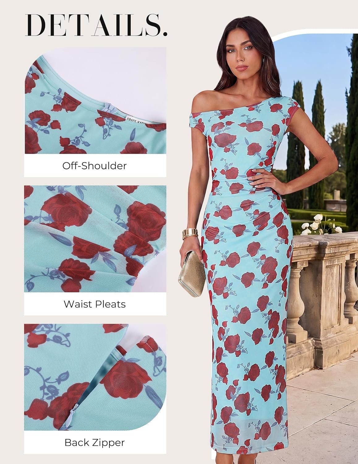 image:imageGRACE KARIN Women One Shoulder Bodycon Floral Wedding Guest Cocktail Dress Elegant Ruched MaxiStretchy MeshBack slitSuitable for FormalEvening PartyPromBridal ShowerSummerFallFloral Blue Rose
