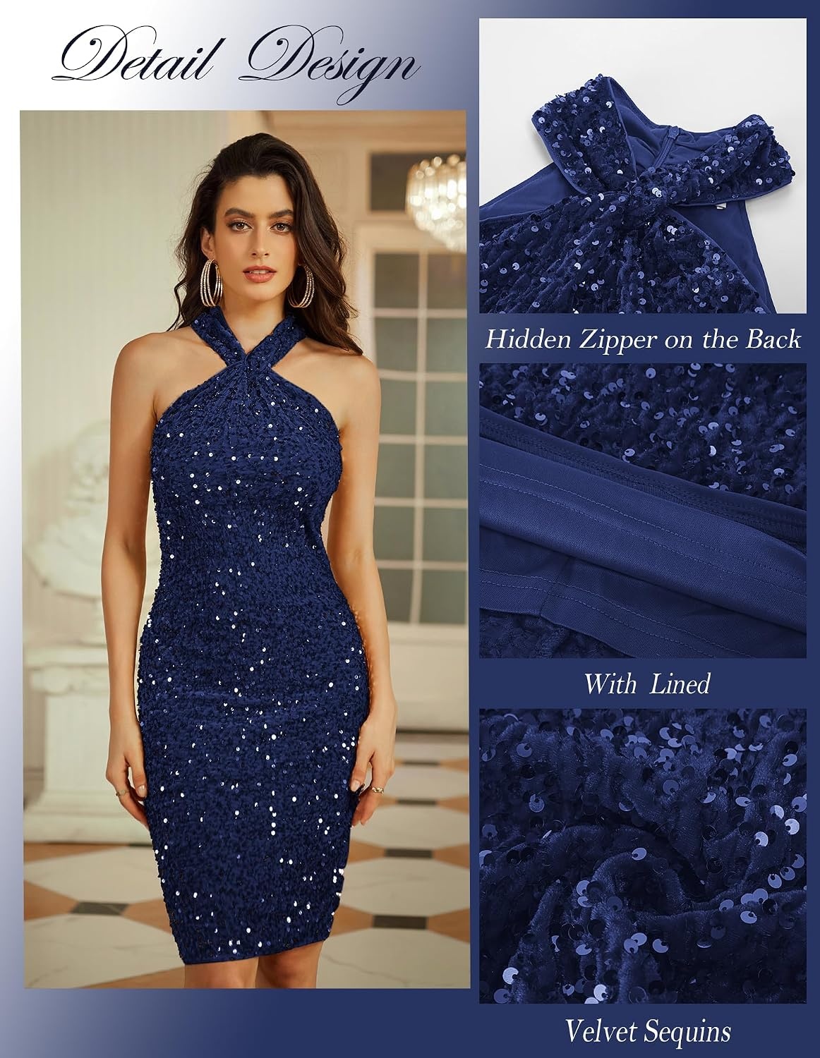 image:imageGRACE KARIN Women Short Sequin DressSparkly Cocktail Bodycon Dresses SleevelessHalterVelvetGlitterSheathMiniKnee LengthSuitable for SpringFallWinterPartyFestivalClubGiftNavy Blue