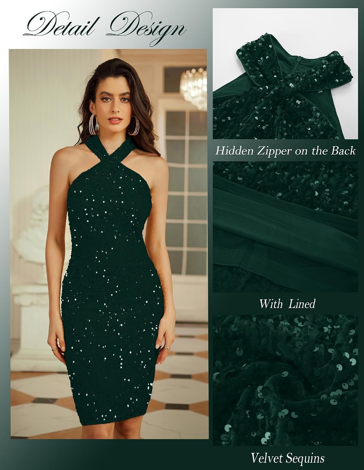 image:imageGRACE KARIN Women Short Sequin DressSparkly Cocktail Bodycon Dresses SleevelessHalterVelvetGlitterSheathMiniKnee LengthSuitable for SpringFallWinterPartyFestivalClubGiftDark Green