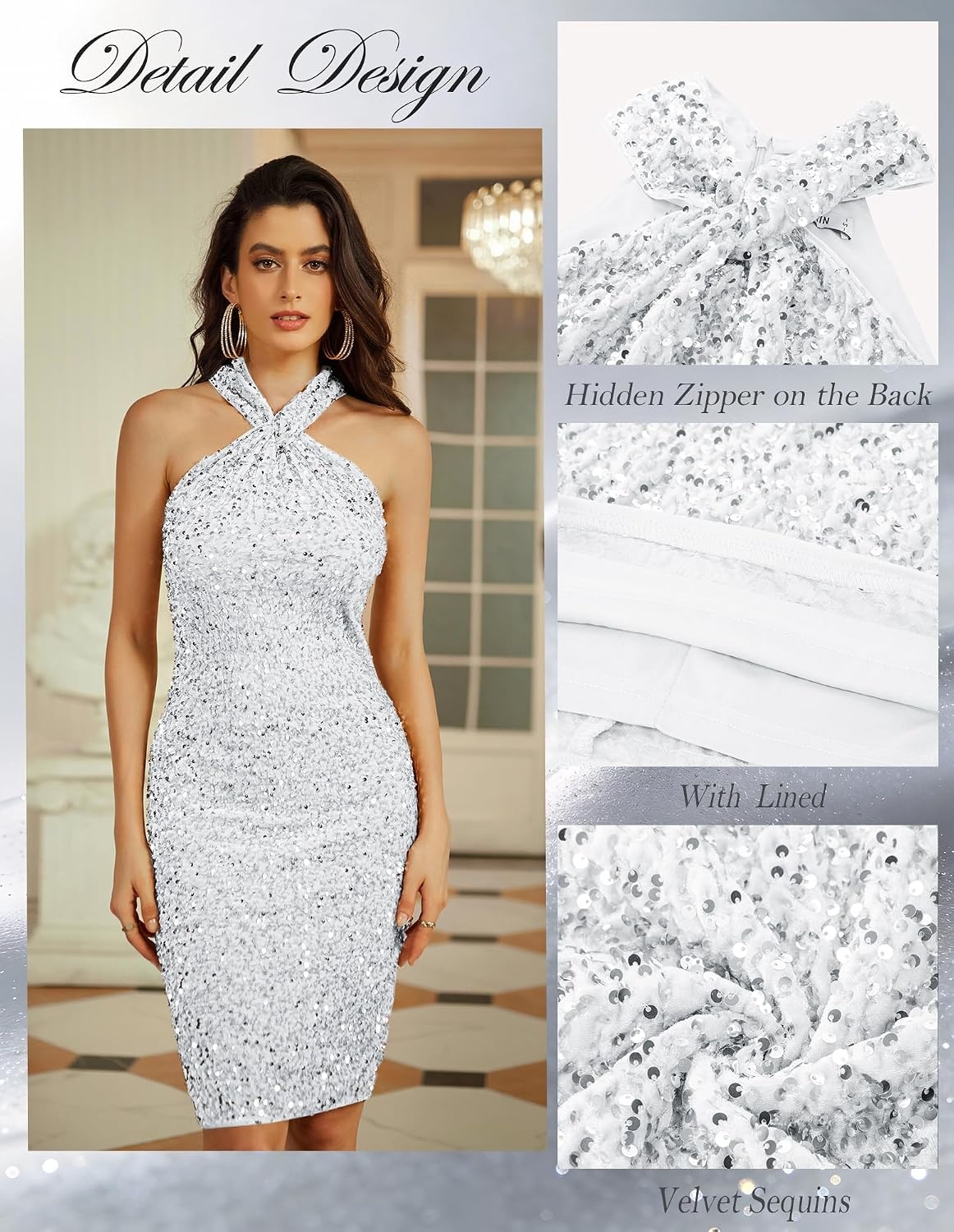 image:imageGRACE KARIN Women Short Sequin DressSparkly Cocktail Bodycon Dresses SleevelessHalterVelvetGlitterSheathMiniKnee LengthSuitable for SpringFallWinterPartyFestivalClubGiftSilver