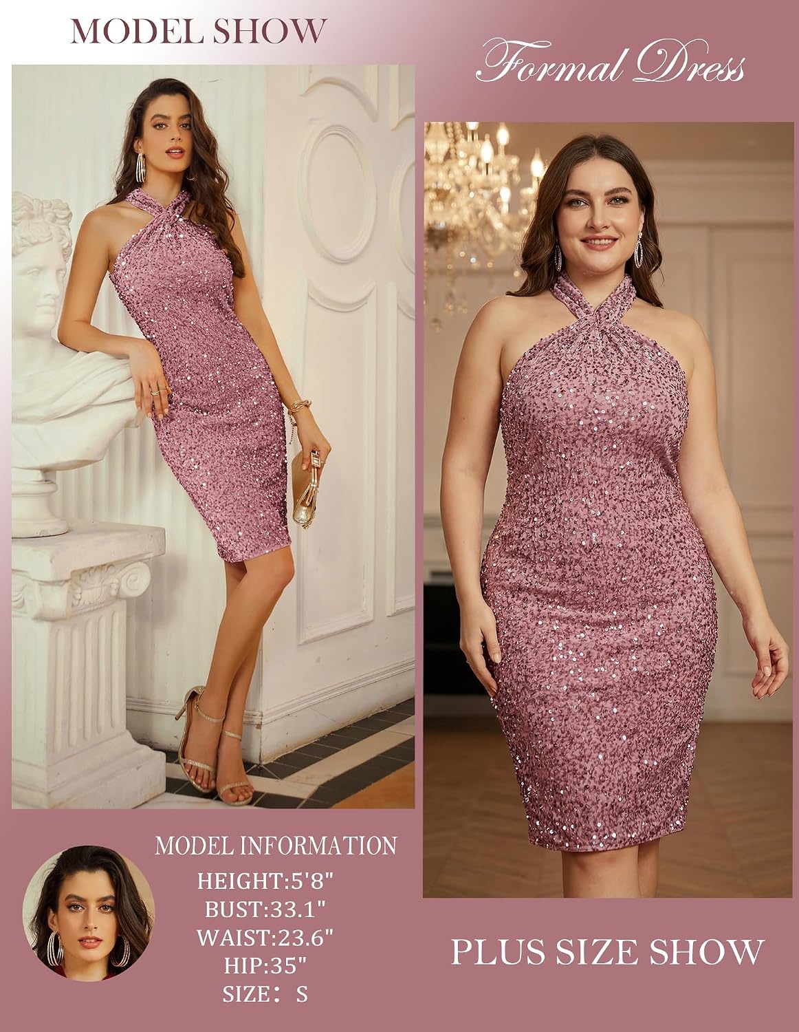 image:imageGRACE KARIN Women Short Sequin DressSparkly Cocktail Bodycon Dresses SleevelessHalterVelvetGlitterSheathMiniKnee LengthSuitable for SpringFallWinterPartyFestivalClubGiftGray Pink