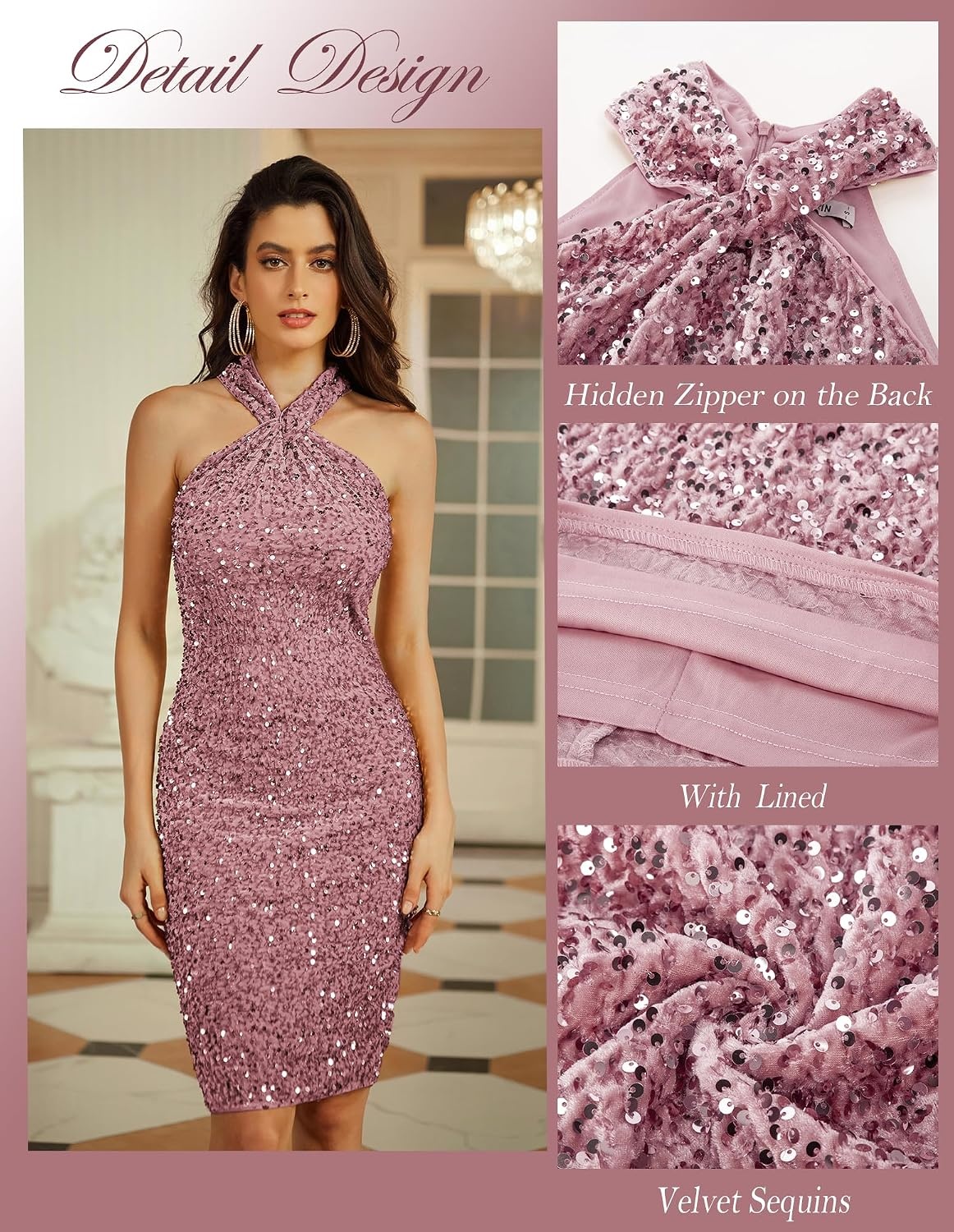 image:imageGRACE KARIN Women Short Sequin DressSparkly Cocktail Bodycon Dresses SleevelessHalterVelvetGlitterSheathMiniKnee LengthSuitable for SpringFallWinterPartyFestivalClubGiftGray Pink