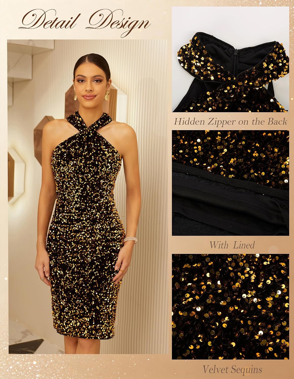 image:imageGRACE KARIN Women Short Sequin DressSparkly Cocktail Bodycon Dresses SleevelessHalterVelvetGlitterSheathMiniKnee LengthSuitable for SpringFallWinterPartyFestivalClubGiftBlack Gold