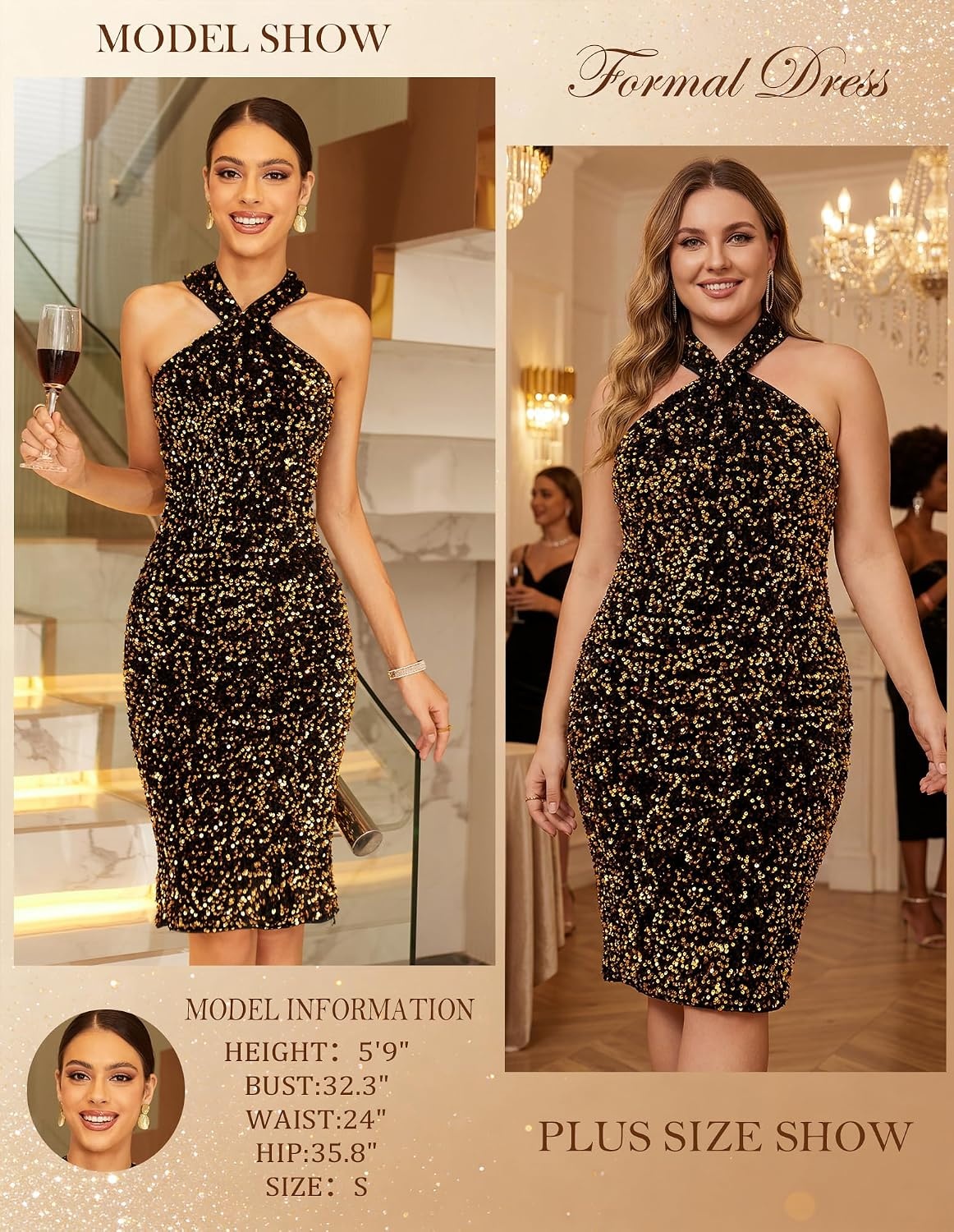 image:imageGRACE KARIN Women Short Sequin DressSparkly Cocktail Bodycon Dresses SleevelessHalterVelvetGlitterSheathMiniKnee LengthSuitable for SpringFallWinterPartyFestivalClubGiftBlack Gold