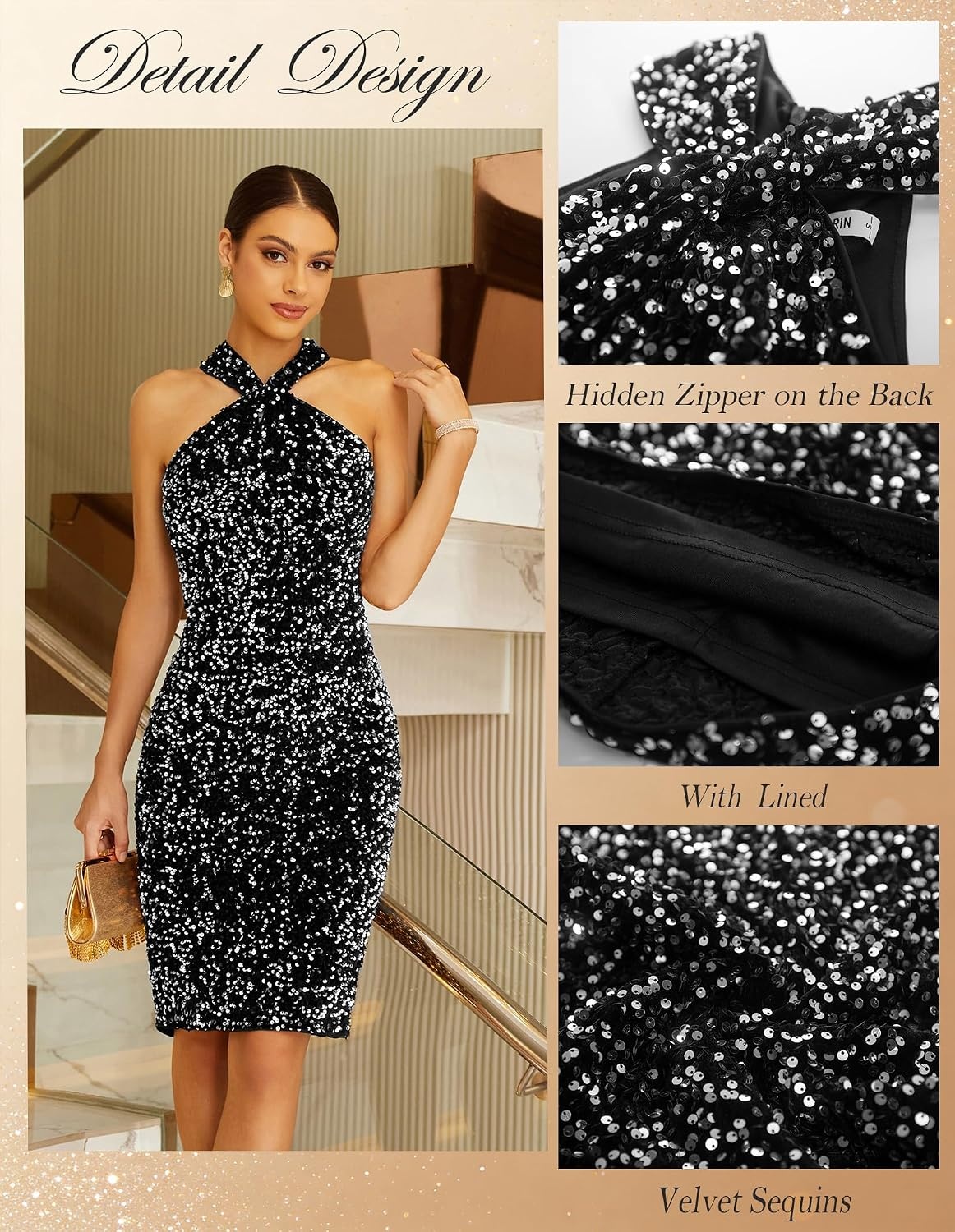image:imageGRACE KARIN Women Short Sequin DressSparkly Cocktail Bodycon Dresses SleevelessHalterVelvetGlitterSheathMiniKnee LengthSuitable for SpringFallWinterPartyFestivalClubGiftBlack Silver
