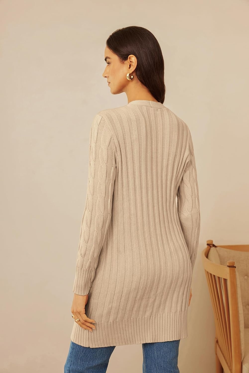 image:imageGRACE KARIN Womens Cable Knit Cardigan Chunky Long Sweater Coats Open Front Long Sleeve Cardigan V Neck Button Down Cozy Pockets Loose Casual Jacket for Office HolidayApricot