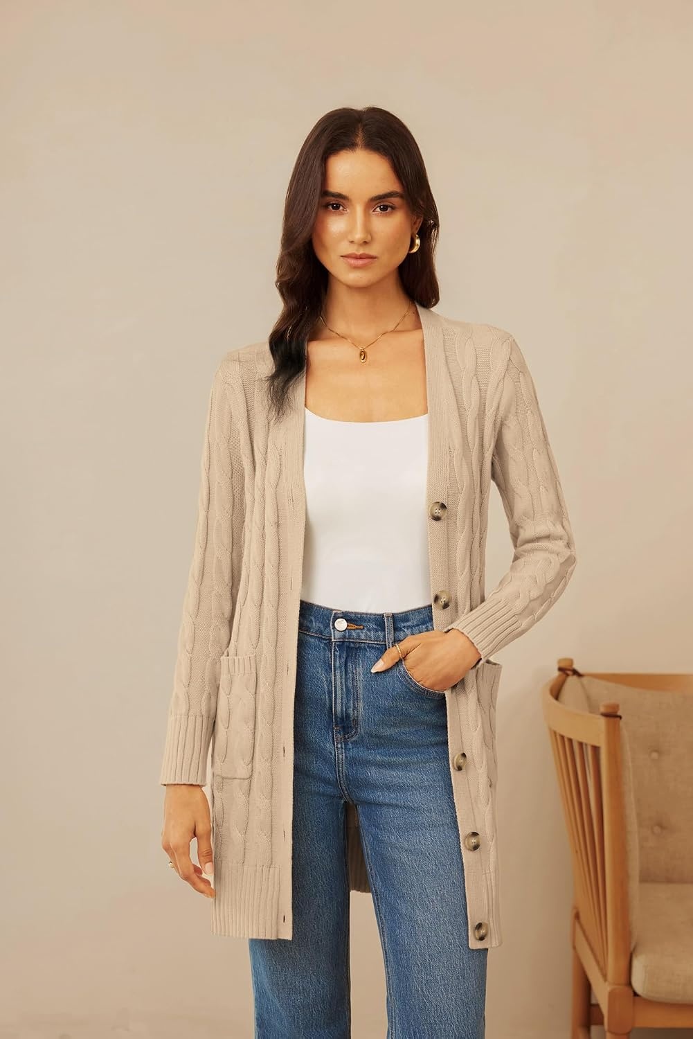 image:imageGRACE KARIN Womens Cable Knit Cardigan Chunky Long Sweater Coats Open Front Long Sleeve Cardigan V Neck Button Down Cozy Pockets Loose Casual Jacket for Office HolidayApricot