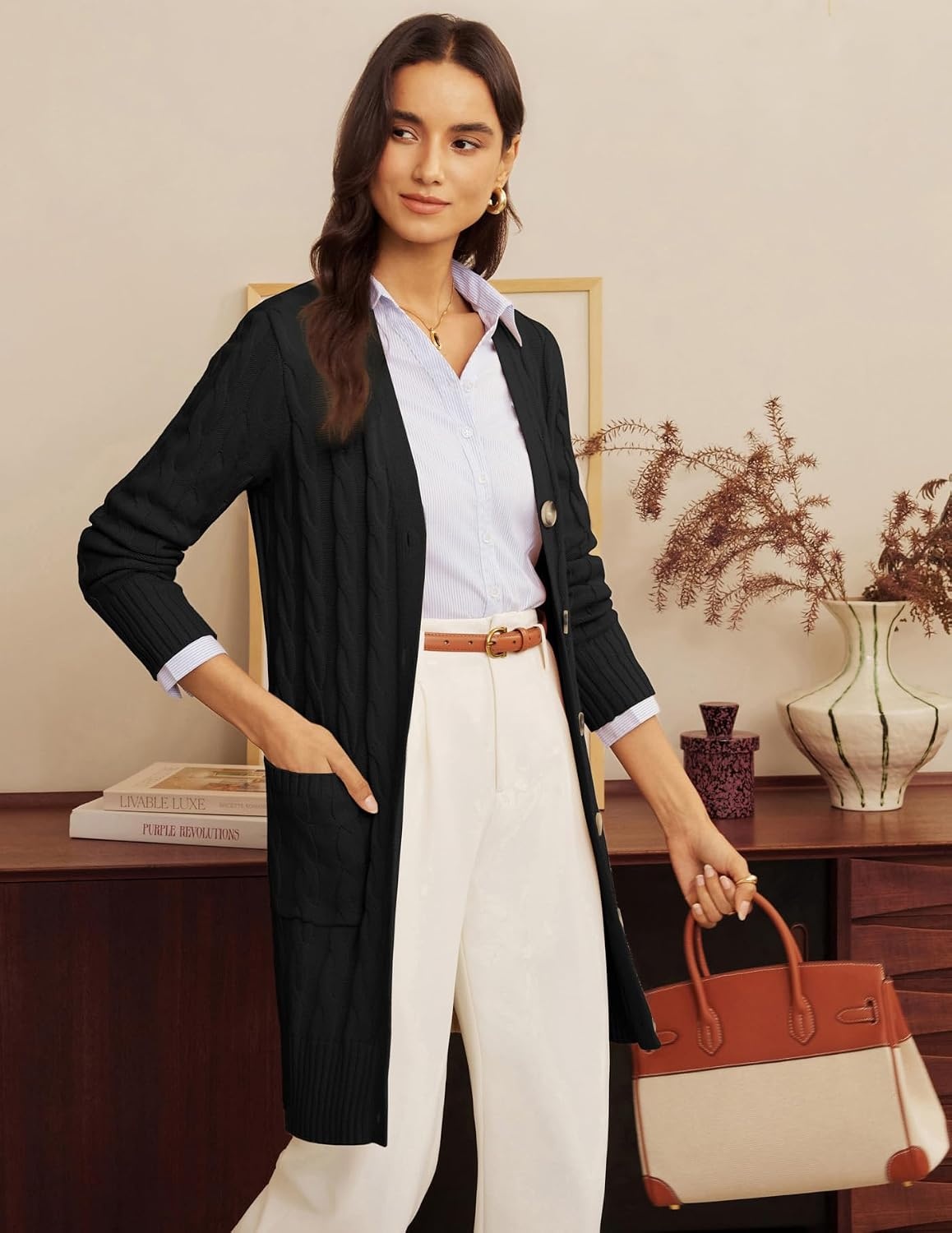 image:imageGRACE KARIN Womens Cable Knit Cardigan Chunky Long Sweater Coats Open Front Long Sleeve Cardigan V Neck Button Down Cozy Pockets Loose Casual Jacket for Office HolidayBlack