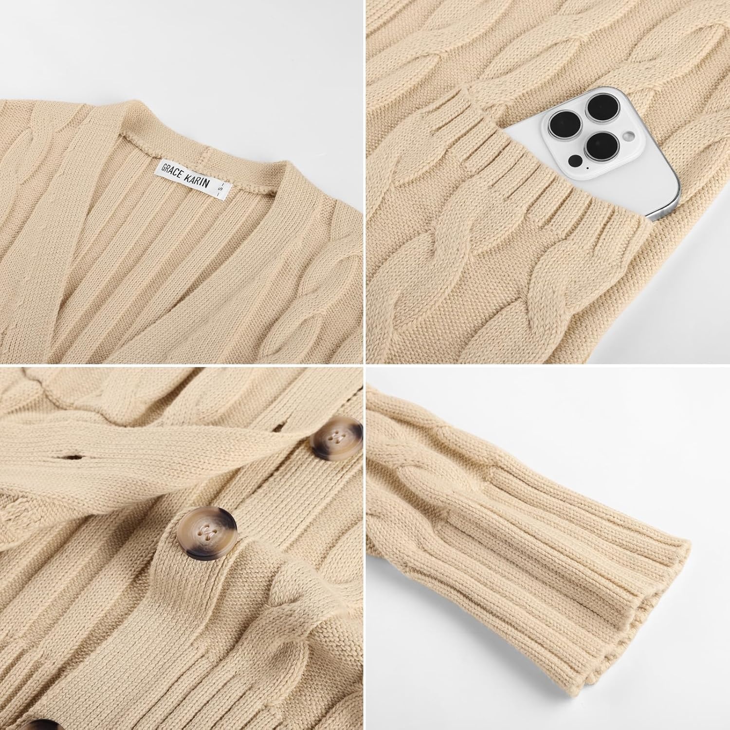 image:imageGRACE KARIN Womens Cable Knit Cardigan Chunky Long Sweater Coats Open Front Long Sleeve Cardigan V Neck Button Down Cozy Pockets Loose Casual Jacket for Office HolidayApricot