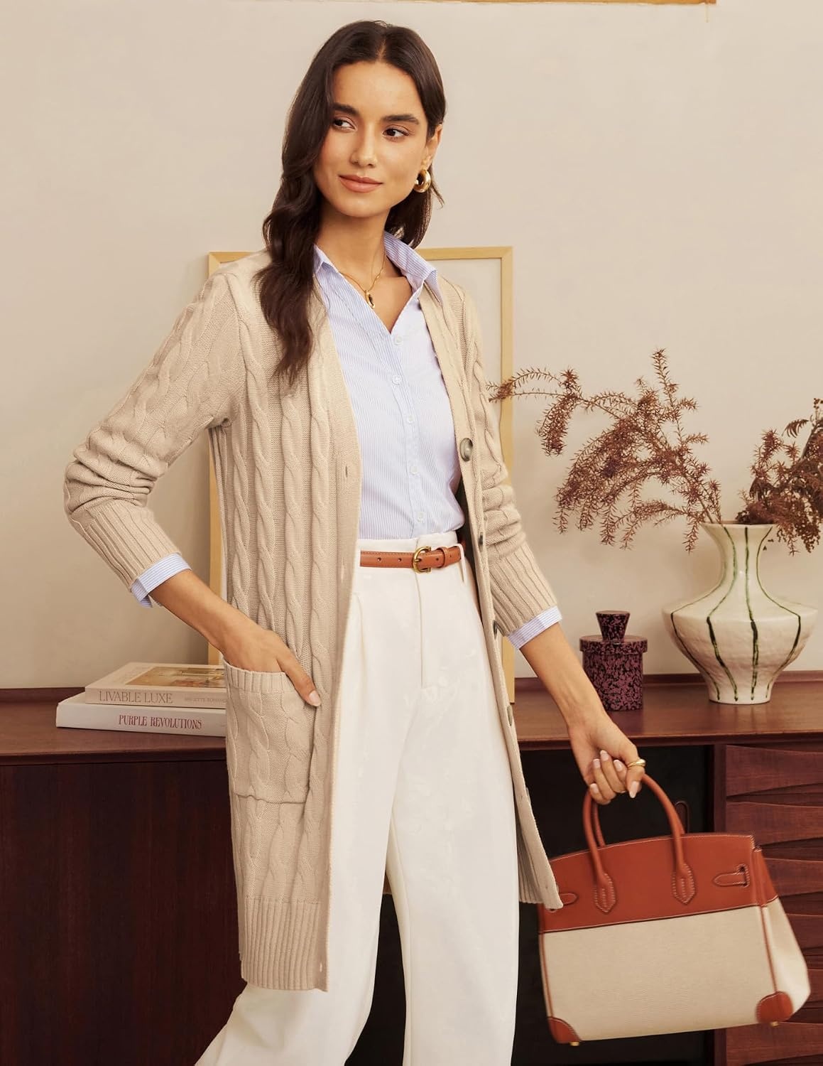 image:imageGRACE KARIN Womens Cable Knit Cardigan Chunky Long Sweater Coats Open Front Long Sleeve Cardigan V Neck Button Down Cozy Pockets Loose Casual Jacket for Office HolidayApricot