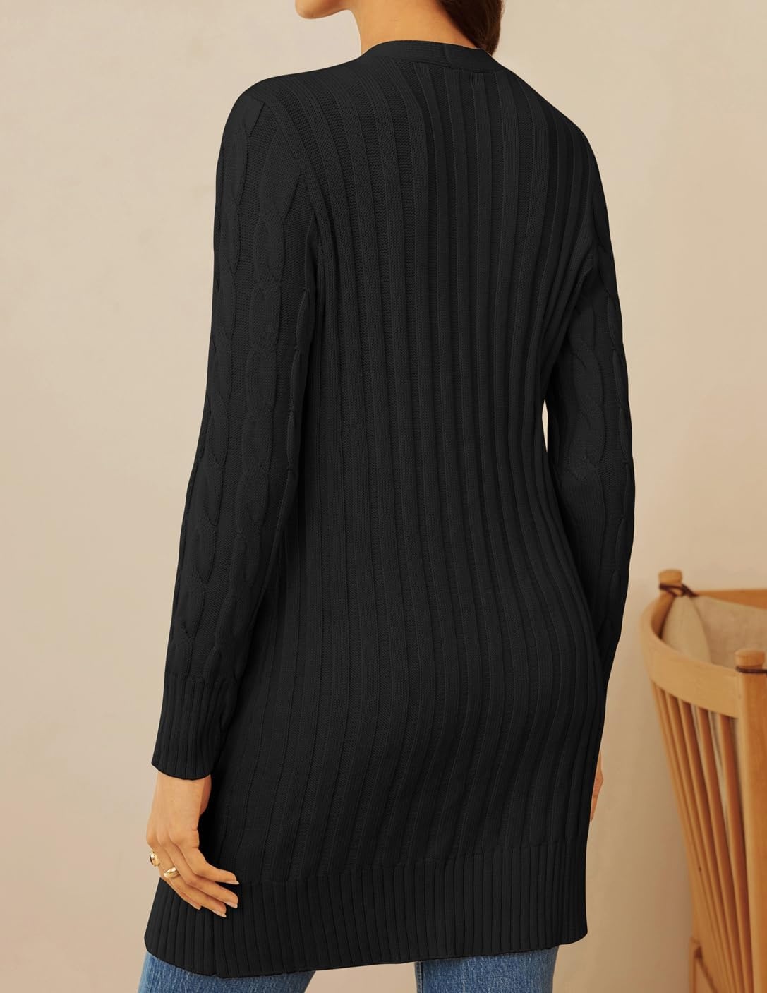 image:imageGRACE KARIN Womens Cable Knit Cardigan Chunky Long Sweater Coats Open Front Long Sleeve Cardigan V Neck Button Down Cozy Pockets Loose Casual Jacket for Office HolidayBlack