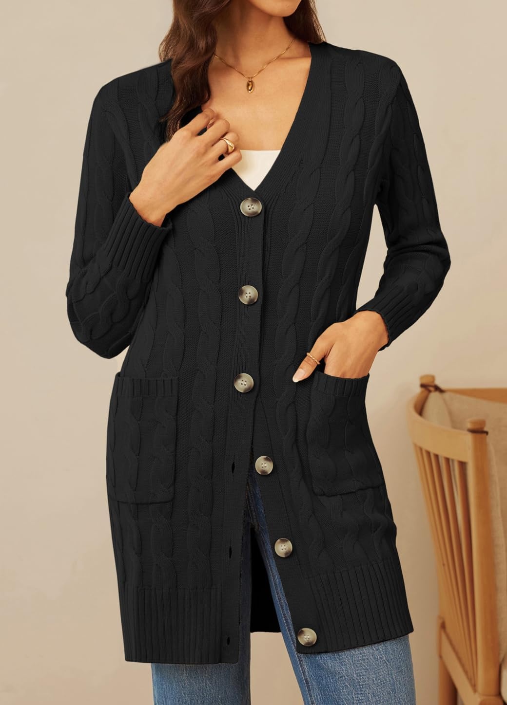 image:imageGRACE KARIN Womens Cable Knit Cardigan Chunky Long Sweater Coats Open Front Long Sleeve Cardigan V Neck Button Down Cozy Pockets Loose Casual Jacket for Office HolidayBlack