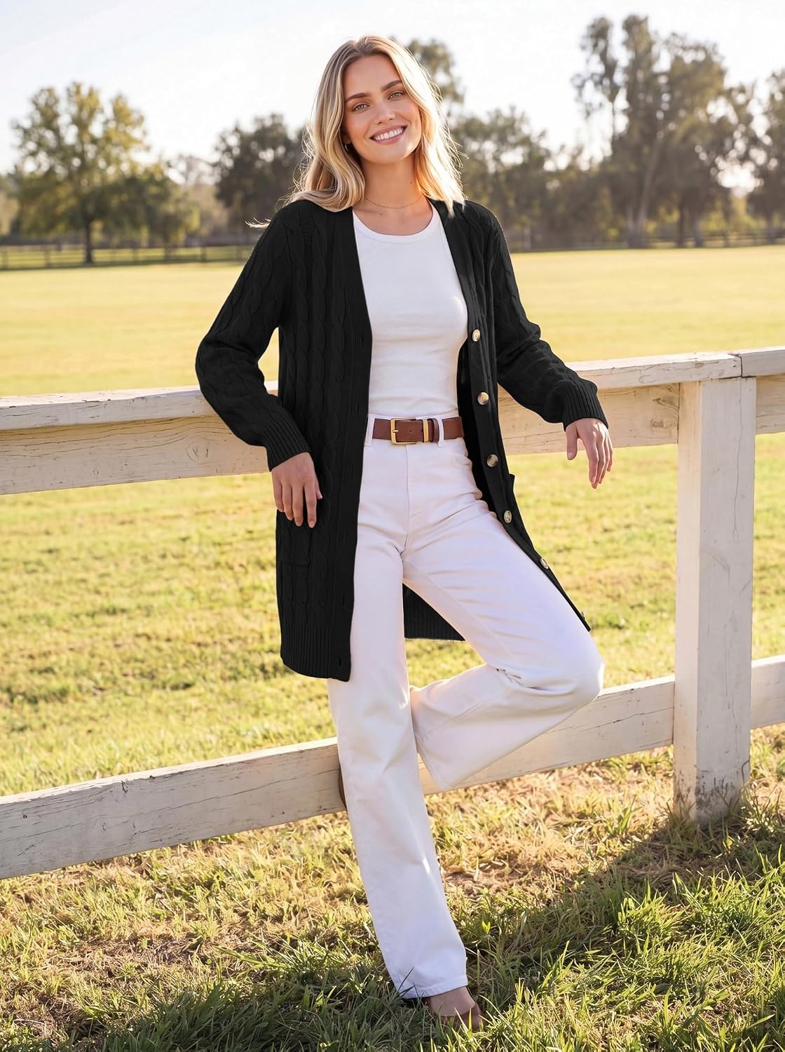image:imageGRACE KARIN Womens Cable Knit Cardigan Chunky Long Sweater Coats Open Front Long Sleeve Cardigan V Neck Button Down Cozy Pockets Loose Casual Jacket for Office HolidayBlack