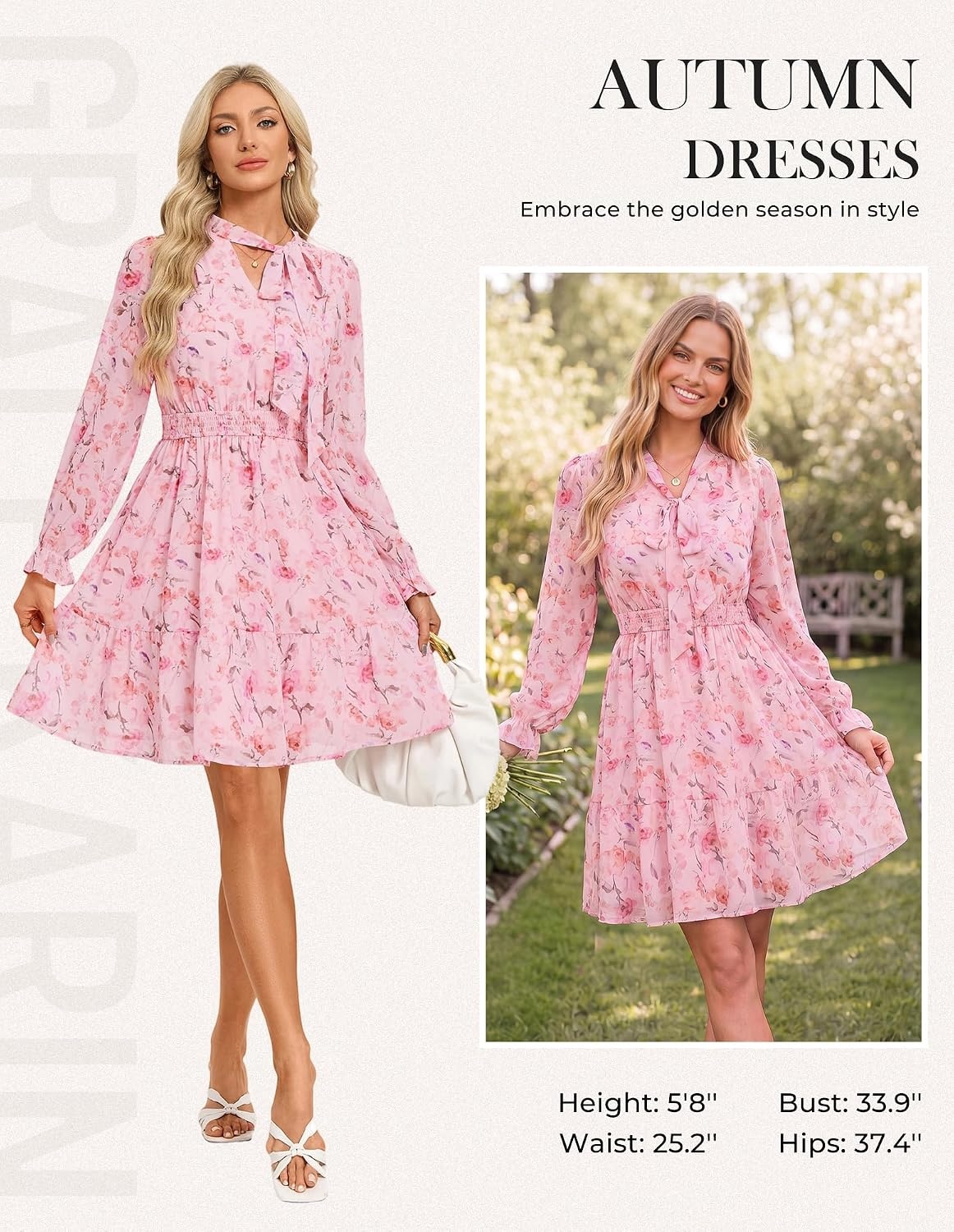 image:imageGRACE KARIN Womens Casual Long Sleeve Chiffon Floral Mini Fall Dresses VNeck with Tie Bows Smocked Waist amp Pockets Flowy Aline Wedding Guest Daily Wear Layer with DenimBlazerPink Floral