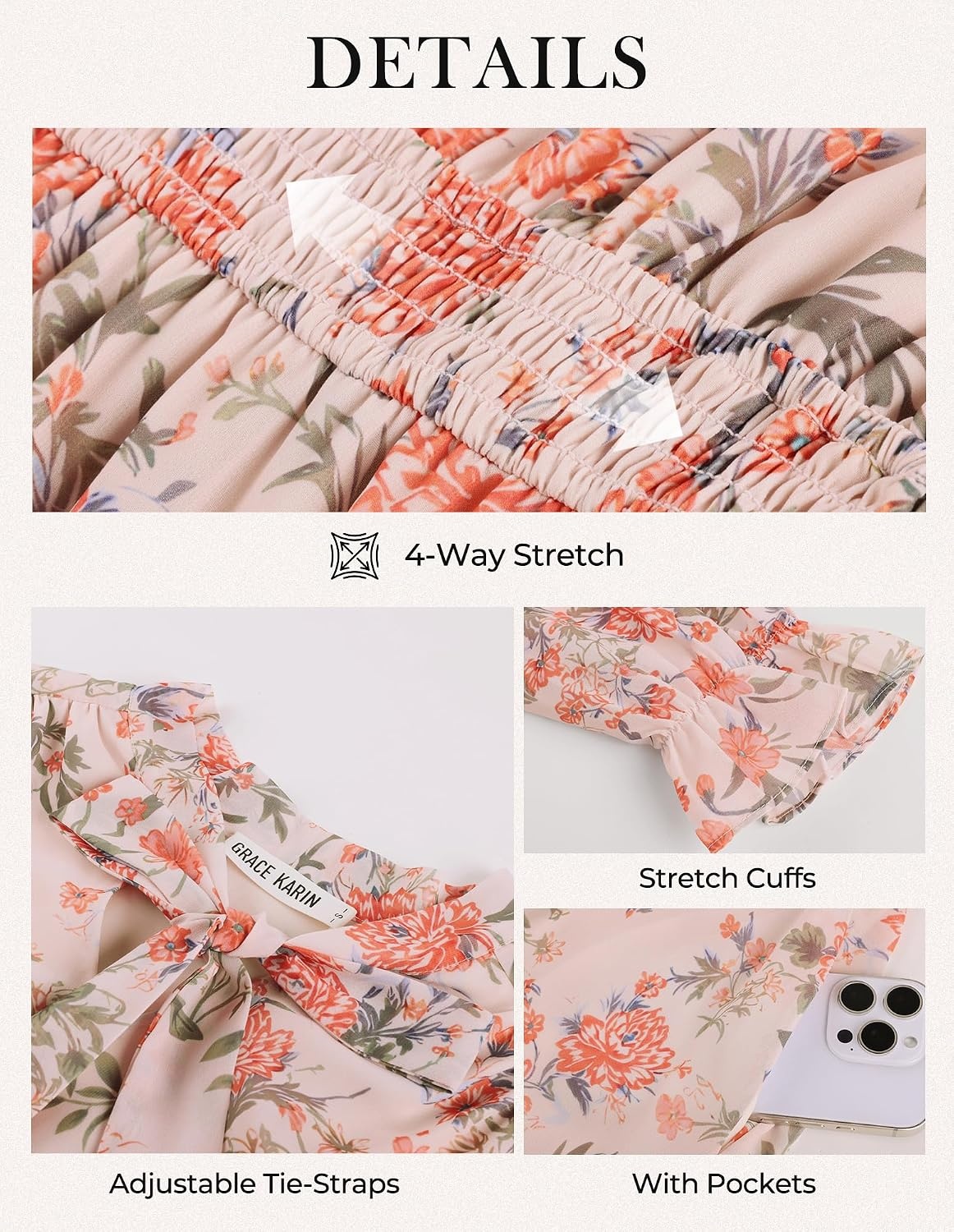 image:imageGRACE KARIN Womens Casual Long Sleeve Chiffon Floral Mini Fall Dresses VNeck with Tie Bows Smocked Waist amp Pockets Flowy Aline Wedding Guest Daily Wear Layer with DenimBlazerApricot Floral
