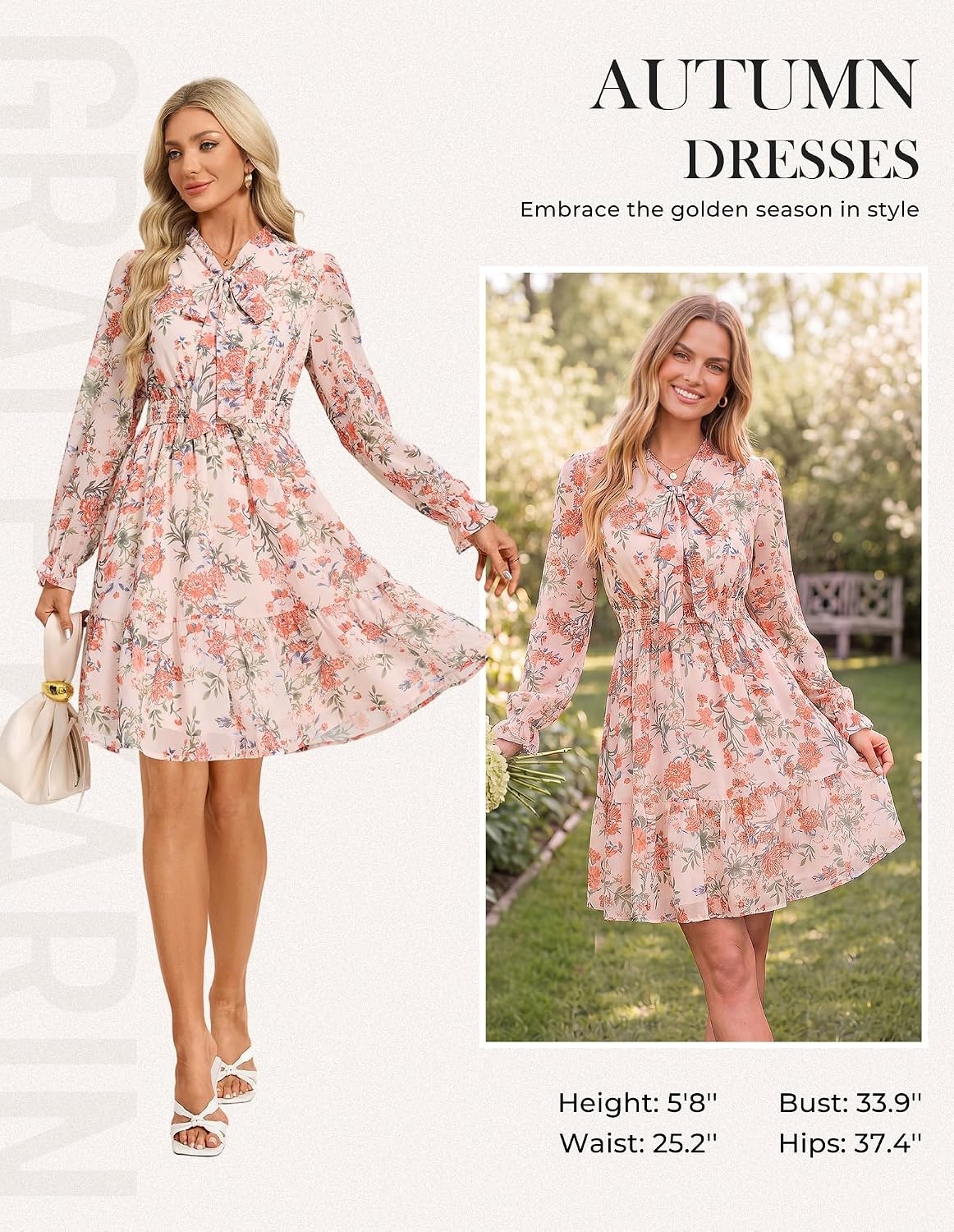 image:imageGRACE KARIN Womens Casual Long Sleeve Chiffon Floral Mini Fall Dresses VNeck with Tie Bows Smocked Waist amp Pockets Flowy Aline Wedding Guest Daily Wear Layer with DenimBlazerApricot Floral