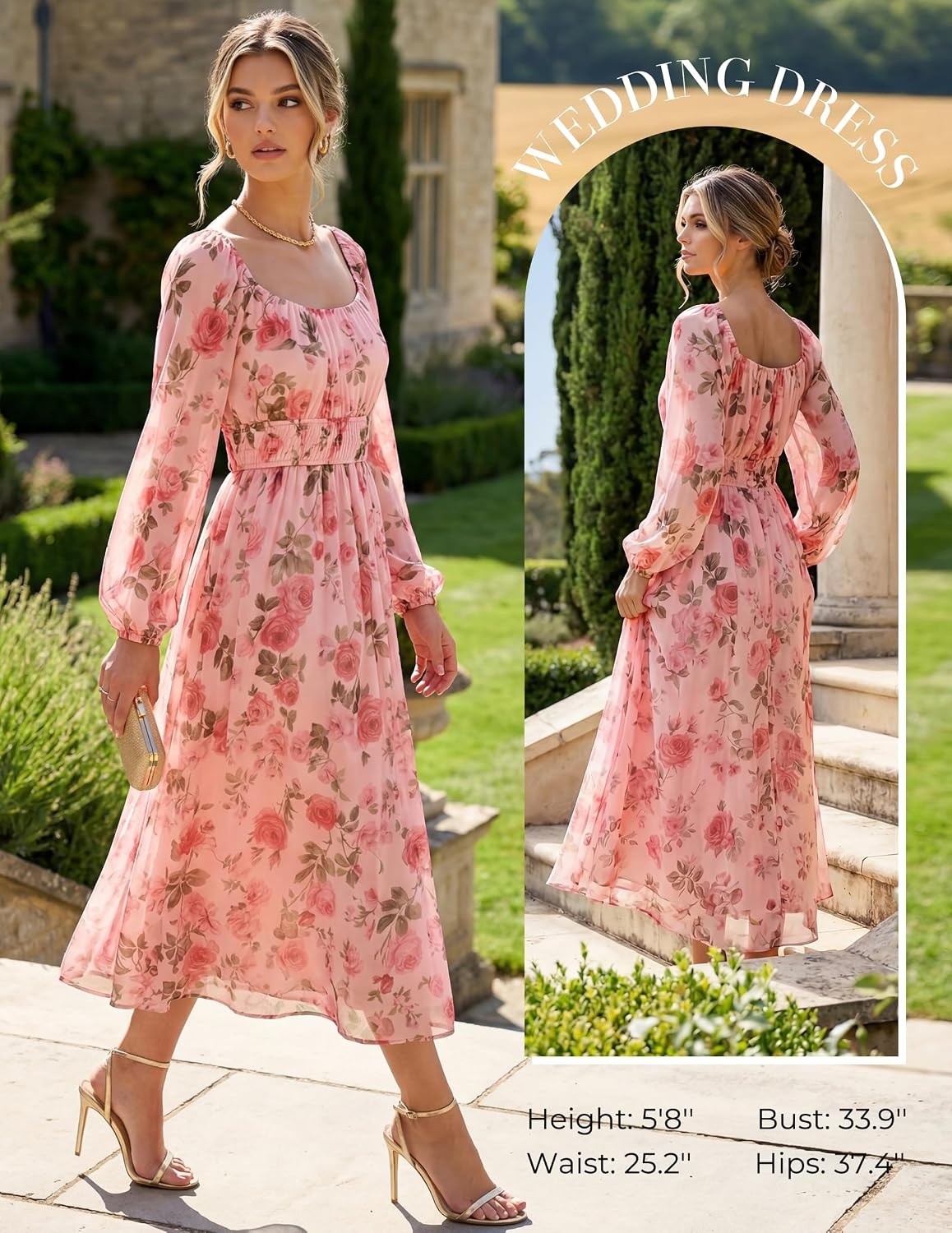 image:imageGRACE KARIN Womens Fall Long Sleeve Floral Wedding Guest Maxi Dress Sweetheart Neck Smocked Long DressChiffonFlowy A Line Outfit with Pocket for FormalTea PartyBridal ShowerBridesmaidPink Floral