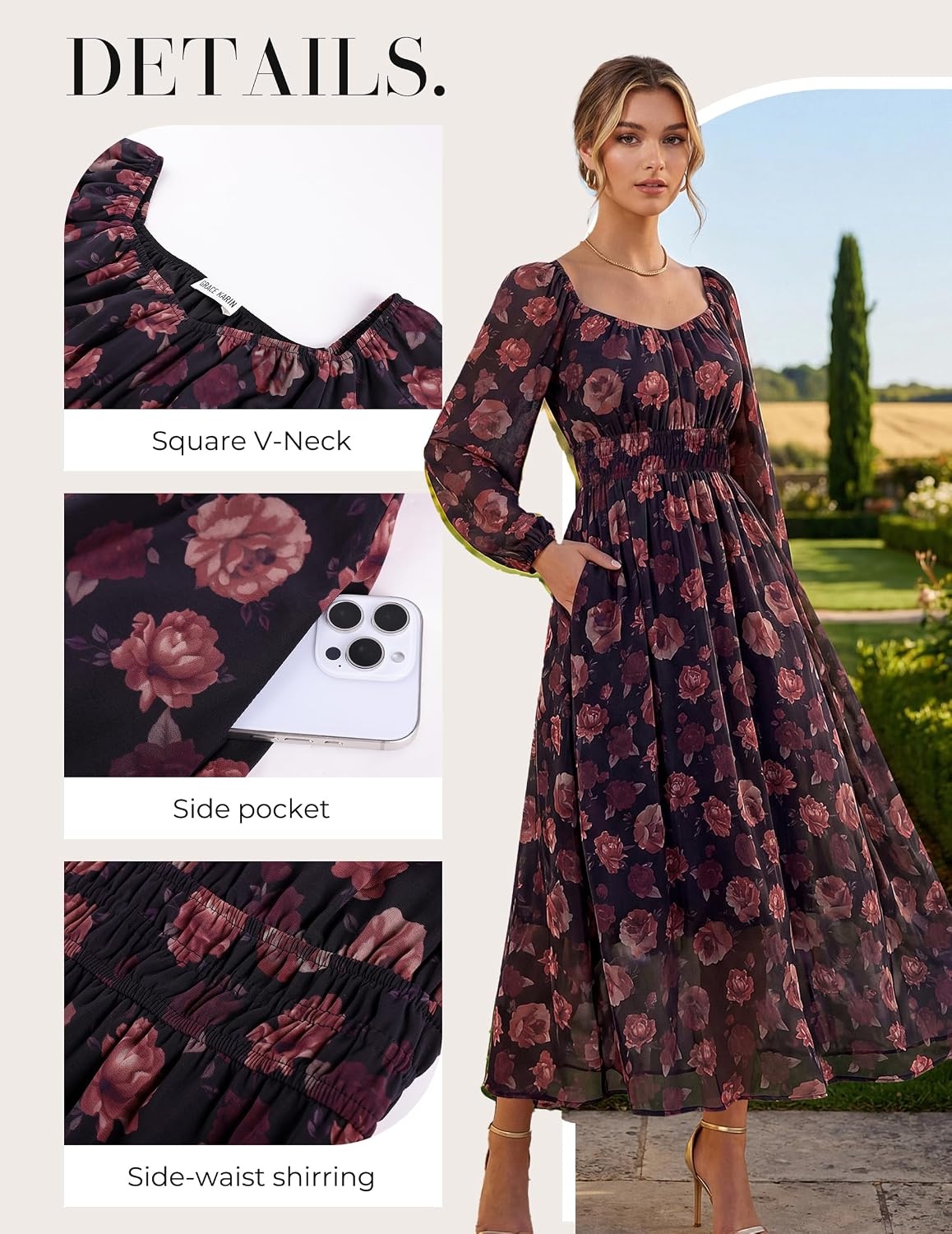 image:imageGRACE KARIN Womens Fall Long Sleeve Floral Wedding Guest Maxi Dress Sweetheart Neck Smocked Long DressChiffonFlowy A Line Outfit with Pocket for FormalTea PartyBridal ShowerBridesmaidBlack Red